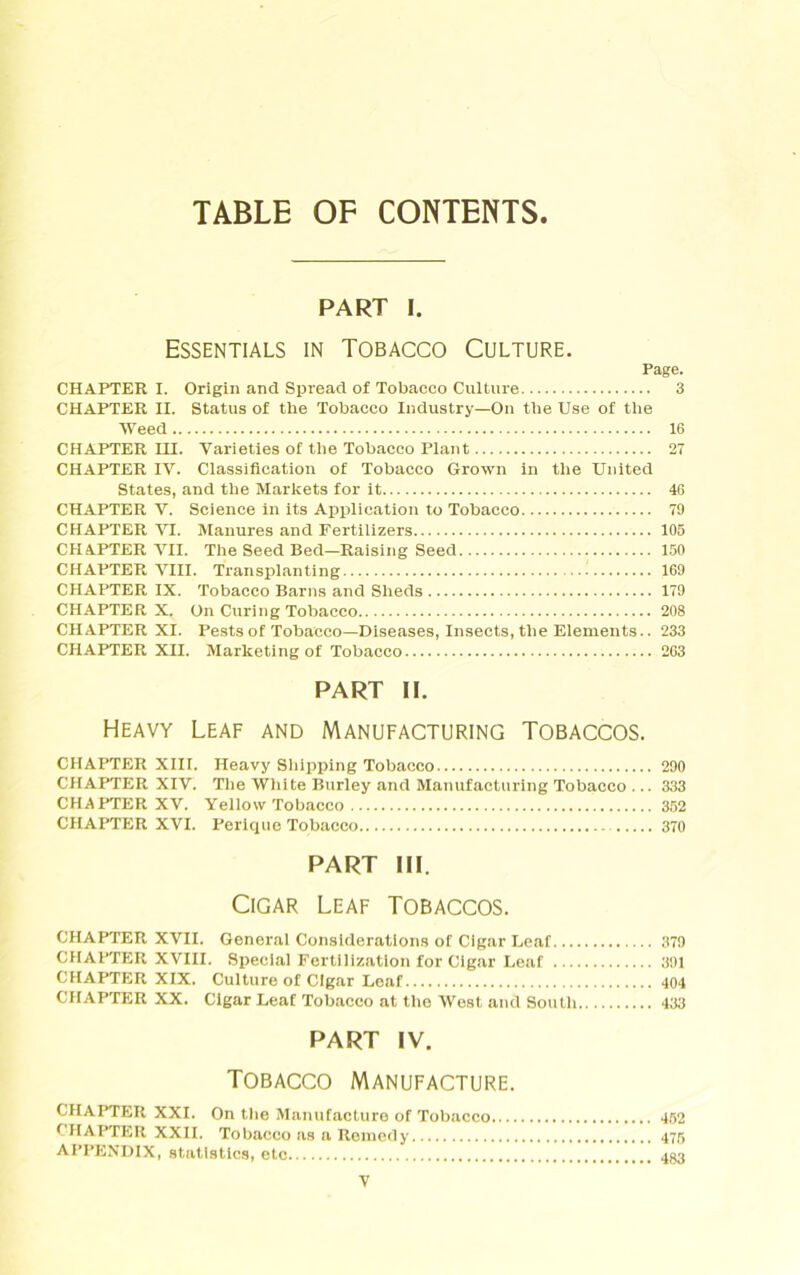 TABLE OF CONTENTS PART I. Essentials in Tobacco Culture. Page. CHAPTER I. Origin and Spread of Tobacco Culture 3 CHAPTER II. Status of the Tobacco Industry—On the Use of the Weed 16 CHAPTER III. Varieties of the Tobacco Plant 27 CHAPTER IV. Classification of Tobacco Grown in the United States, and the Markets for it 46 CHAPTER V. Science in its Application to Tobacco 79 CHAPTER VI. Manures and Fertilizers 105 CHAPTER VII. The Seed Bed—Raising Seed 150 CHAPTER VIII. Transplanting : 169 CHAPTER IX. Tobacco Barns and Sheds 179 CHAPTER X. On Curing Tobacco 208 CHAPTER XI. Pestsof Tobacco—Diseases, Insects, the Elements.. 233 CHAPTER XII. Marketing of Tobacco 263 PART II. Heavy Leaf and Manufacturing Tobaccos. CHAPTER XIII. Heavy Shipping Tobacco 290 CHAPTER XIV. The White Burley and Manufacturing Tobacco ... 333 CHAPTER XV. Yellow Tobacco 352 CHAPTER XVI. Perique Tobacco 370 PART III. Cigar Leaf Tobaccos. CHAPTER XVII. General Considerations of Cigar Leaf 379 CHAPTER XVIII. Special Fertilization for Cigar Leaf 391 CHAPTER XIX. Culture of Cigar Leaf 404 CHAPTER XX. Cigar Leaf Tobacco at the West and South 433 PART IV. Tobacco manufacture. SHATTER XXI. On the Manufacture of Tobacco 452 f HAPTER XXII. Tobacco as a Remedy 475 APPENDIX, statistics, etc 483