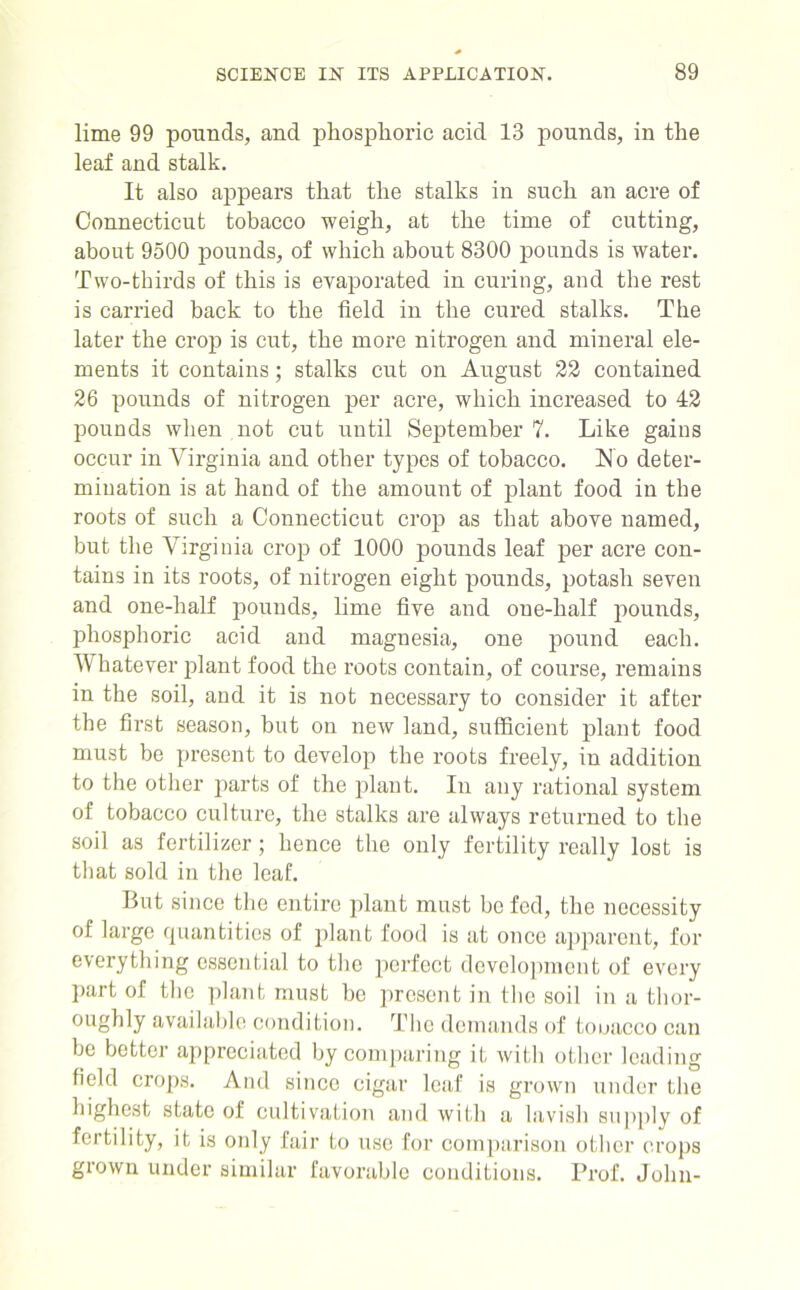 lime 99 pounds, and phosphoric acid 13 pounds, in the leaf and stalk. It also appears that the stalks in such an acre of Connecticut tobacco weigh, at the time of cutting, about 9500 pounds, of which about 8300 pounds is water. Two-thirds of this is evaporated in curing, and the rest is carried back to the field in the cured stalks. The later the crop is cut, the more nitrogen and mineral ele- ments it contains; stalks cut on August 22 contained 26 pounds of nitrogen per acre, which increased to 42 pounds when not cut until September 7. Like gains occur in Virginia and other types of tobacco. !No deter- mination is at hand of the amount of plant food in the roots of such a Connecticut crop as that above named, but the Virginia crop of 1000 pounds leaf per acre con- tains in its roots, of nitrogen eight pounds, potash seven and one-half pounds, lime five and oue-lialf pounds, phosphoric acid and magnesia, one pound each. hatever plant food the roots contain, of course, remains in the soil, and it is not necessary to consider it after the first season, but on new land, sufficient plant food must be present to develop the roots freely, in addition to the other parts of the plant. In any rational system of tobacco culture, the stalks are always returned to the soil as fertilizer; hence the only fertility really lost is that sold in the leaf. But since the entire plant must be fed, the necessity of large quantities of plant food is at once apparent, for everything essential to the perfect development of every part of the plant must bo present in the soil in a thor- oughly available condition. The demands of tooacco can be better appreciated by comparing it with other leading field crops. And since cigar leaf is grown under the highest state of cultivation and with a lavish supply of fertility, it is only fair to use for comparison other crops grown under similar favorable conditions. Prof. John-