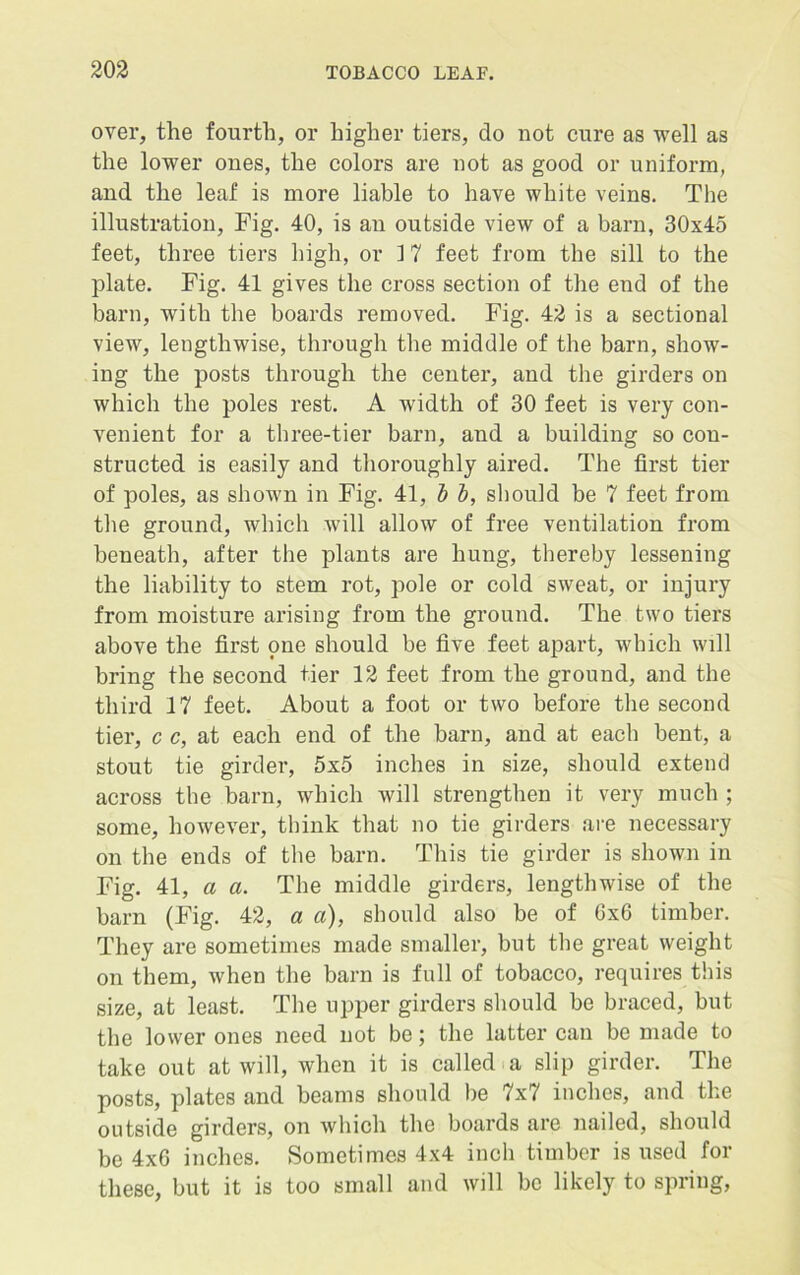 over, the fourth, or higher tiers, do not cure as well as the lower ones, the colors are not as good or uniform, and the leaf is more liable to have white veins. The illustration, Fig. 40, is an outside view of a barn, 30x45 feet, three tiers high, or 17 feet from the sill to the plate. Fig. 41 gives the cross section of the end of the barn, with the boards removed. Fig. 42 is a sectional view, lengthwise, through the middle of the barn, show- ing the posts through the center, and the girders on which the poles rest. A width of 30 feet is very con- venient for a three-tier barn, and a building so con- structed is easily and thoroughly aired. The first tier of poles, as shown in Fig. 41, b b, should be 7 feet from the ground, which will allow of free ventilation from beneath, after the plants are hung, thereby lessening the liability to stem rot, pole or cold sweat, or injury from moisture arising from the ground. The two tiers above the first one should be five feet apart, which will bring the second tier 12 feet from the ground, and the third 17 feet. About a foot or two before the second tier, c c, at each end of the barn, and at each bent, a stout tie girder, 5x5 inches in size, should extend across the barn, which will strengthen it very much ; some, however, think that no tie girders are necessary on the ends of the barn. This tie girder is shown in Fig. 41, a a. The middle girders, lengthwise of the barn (Fig. 42, a a), should also be of 6x6 timber. They are sometimes made smaller, but the great weight on them, when the barn is full of tobacco, requires this size, at least. The upper girders should be braced, but the lower ones need not be; the latter can be made to take out at will, when it is called a slip girder. The posts, plates and beams should be 7x7 inches, and the outside girders, on which the boards are nailed, should be 4x6 inches. Sometimes 4x4 inch timber is used for these, but it is too small and will be likely to spring,