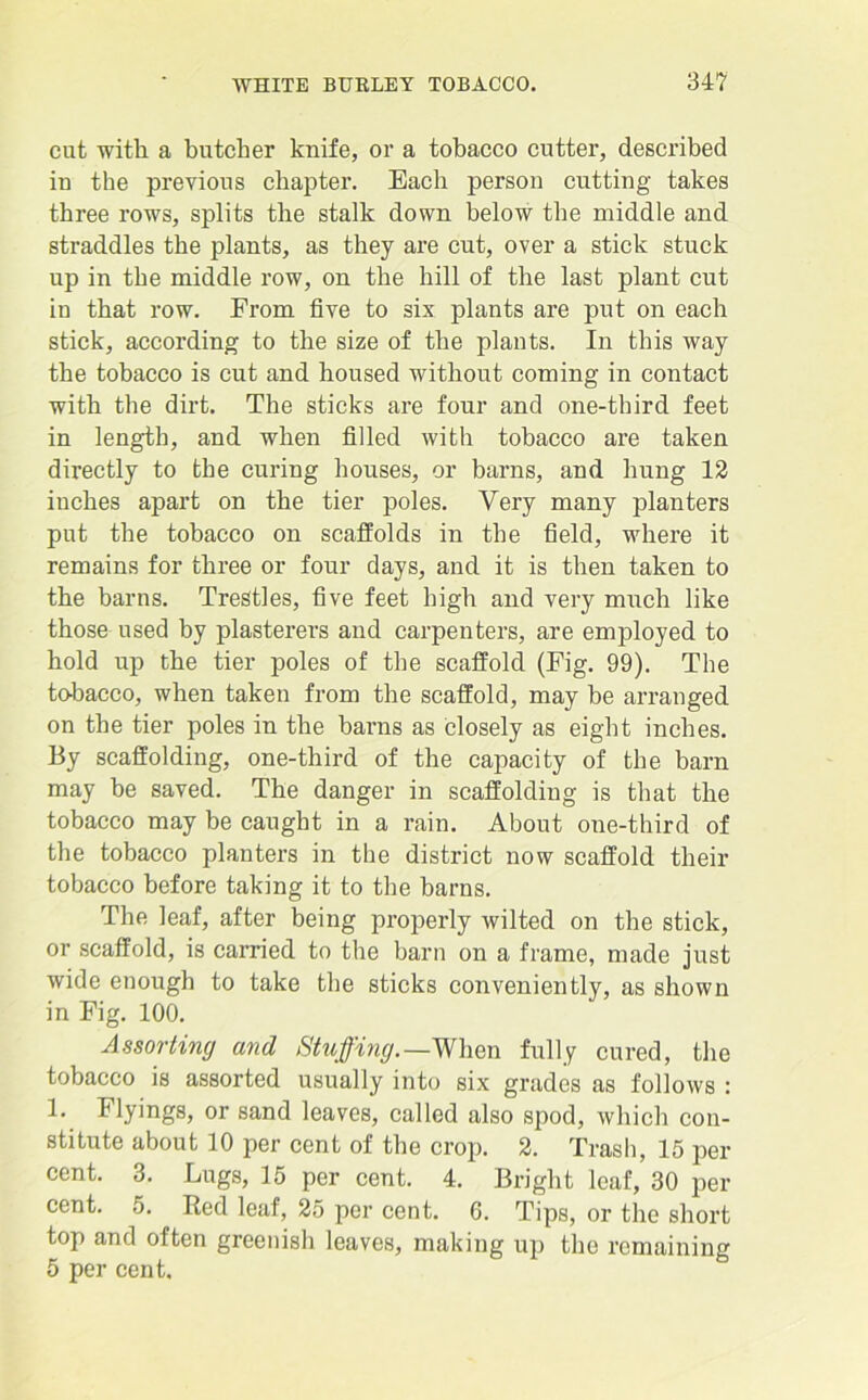 cut with a butcher knife, or a tobacco cutter, described in the previous chapter. Each person cutting takes three rows, splits the stalk down below the middle and straddles the plants, as they are cut, over a stick stuck up in the middle row, on the hill of the last plant cut in that row. From five to six plants are put on each stick, according to the size of the plants. In this way the tobacco is cut and housed without coming in contact with the dirt. The sticks are four and one-third feet in length, and when filled with tobacco are taken directly to the curing houses, or barns, and hung 12 inches apart on the tier poles. Very many planters put the tobacco on scaffolds in the field, where it remains for three or four days, and it is then taken to the barns. Trestles, five feet high and very much like those used by plasterers and carpenters, are employed to hold up the tier poles of the scaffold (Fig. 99). The tobacco, when taken from the scaffold, may be arranged on the tier poles in the barns as closely as eight inches. By scaffolding, one-third of the capacity of the barn may be saved. The danger in scaffolding is that the tobacco may be caught in a rain. About one-third of the tobacco planters in the district now scaffold their tobacco before taking it to the barns. The leaf, after being properly wilted on the stick, or scaffold, is carried to the barn on a frame, made just wide enough to take the sticks conveniently, as shown in Fig. 100. Assorting and Stuffing,—When fully cured, the tobacco is assorted usually into six grades as follows : 1. Flyings, or sand leaves, called also spod, which con- stitute about 10 per cent of the crop. 2. Trash, 15 per cent. 3. Lugs, 15 per cent. 4. Bright leaf, 30 per cent. 5. Red leaf, 25 per cent. 6. Tips, or the short top and often greenish leaves, making up the remaining