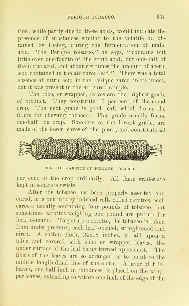 tion, while partly due to these acids, would indicate the presence of substances similar to the volatile oil ob- tained by Liebig, during the fermentation of malic acid. The Perique tobacco,” he says, “contains but little over one-fourth of the citric acid, but one-half of the nitric acid, and about six times the amount of acetic acid contained in the air-cured-leaf. ” There was a total absence of nitric acid in the Perique cured in its juices, but it was present in the air-cured sample. The robe, or wrapper, leaves are the highest grade of product. They constitute 10 per cent of the usual crop. The next grade is good leaf, which forms the fillers for chewing tobacco. This grade usually forms one-half the crop. Smokers, or the lowest grade, are made of the lower leaves of the plant, and constitute 40 FIG. 111. CAROTTE OF PERIQUE TOBACCO. per cent of the crop ordinarily. All these grades are kept in separate twists. After the tobacco has been properly assorted and cured, it is put into cylindrical rolls called carottes, each carotte usually containing four pounds of tobacco, but sometimes carottes weighing one pound are put up for local demand. To put up a carotte, the tobacco is taken from under pressure, each leaf opened, straightened and aired. A cotton cloth, 24x18 inches, is laid upon a table and covered with robe or wrapper leaves, the under surface of the leaf being turned uppermost. The fibers of the leaves are so arranged as to point to the middle longitudinal line of the cloth. A layer of filler leaves, one-half inch in thickness, is placed on the wrap- per leaves, extending to within one inch of the edge of the