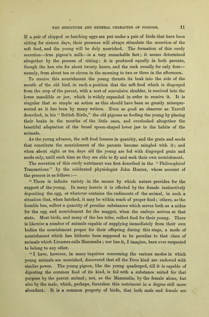 If a pair of chipped or hatching eggs are put under a pair of birds that have been sitting for sixteen days, their presence will always stimulate the secretion of the soft food, and the young will be duly nourished. The formation of this curdy secretion—true pigeon’s milk—is a very remarkable fact; it seems determined altogether by the process of sitting; it is produced equally in both parents, though the hen sits for about twenty hours, and the cock usually for only four— namely, from about ten or eleven in the morning to two or three in the afternoon. To receive this nourishment the young thrusts its beak into the side of the mouth of the old bird, in such a position that the soft food which is disgorged from the crop of the parent, with a sort of convulsive shudder, is received into the lower mandible or jaw, which is widely expanded in order to receive it. It is singular that so simple an action as this should have been so greatly misrepre- sented as it has been by many writers. Even so good an observer as Yarrell described, in his “ British Birds,” the old pigeons as feeding the young by placing their beaks in the mouths of the little ones, and overlooked altogether the beautiful adaptation of the broad spoon-shaped lower jaw to the habits of the animals. As the young advance, the soft food lessens in quantity, and the grain and seeds that constitute the nourishment of the parents become mingled with it; and when about eight or ten days old the young are fed with disgorged grain and seeds only, until such time as they are able to fly and seek their own nourishment. The secretion of this curdy nutriment was first described in the “ Philosophical Transactions ” by the celebrated physiologist John Hunter, whose account of the process is as follows :— “ There is infinite variety in the means by which nature provides for the support of the young. In many insects it is effected by the female instinctively depositing the egg, or whatever contains the rudiments of the animal, in such a situation that, when hatched, it may he within reach of proper food; others, as the humble bee, collect a quantity of peculiar substances which serves both as a nidus for the egg and nourishment for the maggot, when the embryo arrives at that state. Most birds, and many of the bee tribe, collect food for their young. There is likewise a number of animals capable of supplying immediately from their own bodies the nourishment proper for their offspring during this stage, a mode of nourishment wrhich has hitherto been supposed to be peculiar to that class of animals which Linnaeus calls Mammalia ; nor has it, I imagine, been ever suspected to belong to any other. “I have, however, in many inquiries concerning the various modes in which young animals are nourished, discovered that all the Dove kind are endowed with similar power. The young pigeon, like the young quadruped, till it is capable of digesting the common food of its kind, is fed with a substance suited for that purpose by the parent animal; not, as the Mammalia, by the female alone, but also by the male, which, perhaps, furnishes this nutriment in a degree still more abundant. It is a common property of birds, that both male and female are