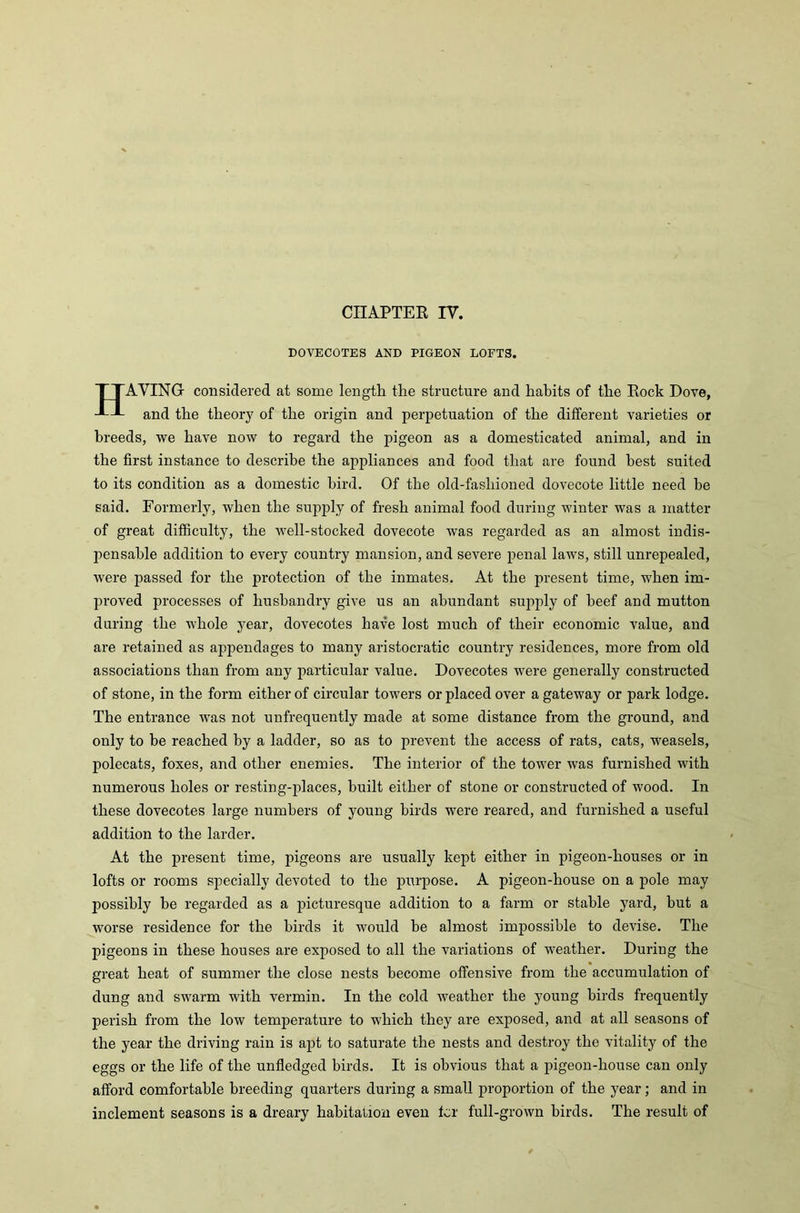 DOVECOTES AND PIGEON LOFTS. TTAVINGr considered at some length the structure and habits of the Rock Dove, -LJ- and the theory of the origin and perpetuation of the different varieties or breeds, we have now to regard the pigeon as a domesticated animal, and in the first instance to describe the appliances and food that are found best suited to its condition as a domestic bird. Of the old-fashioned dovecote little need be said. Formerly, when the supply of fresh animal food during winter was a matter of great difficulty, the well-stocked dovecote was regarded as an almost indis- pensable addition to every country mansion, and severe penal laws, still unrepealed, were passed for the protection of the inmates. At the present time, when im- proved processes of husbandry give us an abundant supply of beef and mutton during the whole year, dovecotes have lost much of their economic value, and are retained as appendages to many aristocratic country residences, more from old associations than from any particular value. Dovecotes were generally constructed of stone, in the form either of circular towers or placed over a gateway or park lodge. The entrance was not unfrequently made at some distance from the ground, and only to be reached by a ladder, so as to prevent the access of rats, cats, weasels, polecats, foxes, and other enemies. The interior of the tower was furnished with numerous holes or resting-places, built either of stone or constructed of wood. In these dovecotes large numbers of young birds were reared, and furnished a useful addition to the larder. At the present time, pigeons are usually kept either in pigeon-houses or in lofts or rooms specially devoted to the purpose. A pigeon-house on a pole may possibly be regarded as a picturesque addition to a farm or stable yard, but a worse residence for the birds it would be almost impossible to devise. The pigeons in these houses are exposed to all the variations of weather. During the great heat of summer the close nests become offensive from the accumulation of dung and swarm with vermin. In the cold weather the young birds frequently perish from the low temperature to which they are exposed, and at all seasons of the year the driving rain is apt to saturate the nests and destroy the vitality of the eggs or the life of the unfledged birds. It is obvious that a pigeon-house can only afford comfortable breeding quarters during a small proportion of the year; and in inclement seasons is a dreary habitation even for full-grown birds. The result of