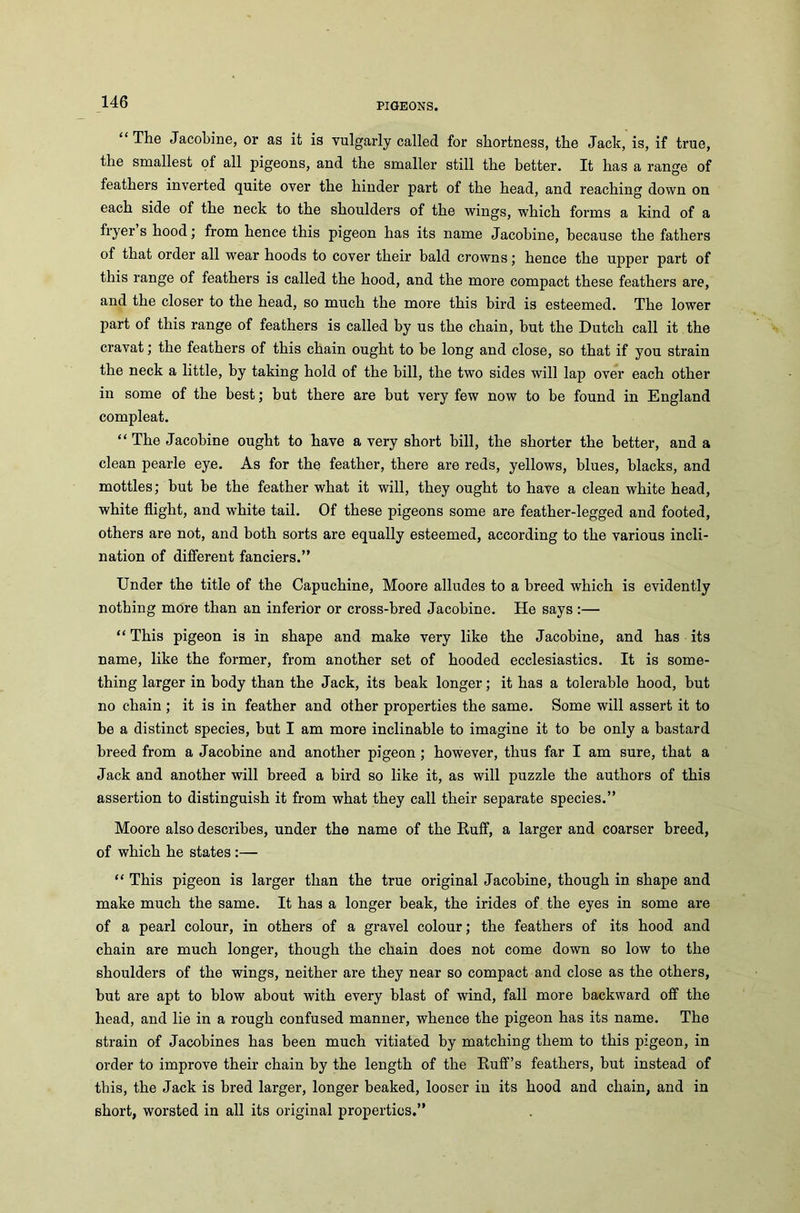 “ The Jacobine, or as it is vulgarly called for shortness, the Jack, is, if true, the smallest of all pigeons, and the smaller still the better. It has a range of feathers inverted quite over the hinder part of the head, and reaching down on each side of the neck to the shoulders of the wings, which forms a kind of a fryers hood; from hence this pigeon has its name Jacobine, because the fathers of that order all wear hoods to cover their bald crowns; hence the upper part of this range of feathers is called the hood, and the more compact these feathers are, and the closer to the head, so much the more this bird is esteemed. The lower part of this range of feathers is called by us the chain, but the Dutch call it the cravat; the feathers of this chain ought to be long and close, so that if you strain the neck a little, by taking hold of the bill, the two sides will lap over each other in some of the best; but there are but very few now to be found in England compleat. “ The Jacobine ought to have a very short bill, the shorter the better, and a clean pearle eye. As for the feather, there are reds, yellows, blues, blacks, and mottles; but be the feather what it will, they ought to have a clean white head, white flight, and white tail. Of these pigeons some are feather-legged and footed, others are not, and both sorts are equally esteemed, according to the various incli- nation of different fanciers.” Under the title of the Capuchine, Moore alludes to a breed which is evidently nothing more than an inferior or cross-bred Jacobine. He says :— “ This pigeon is in shape and make very like the Jacobine, and has its name, like the former, from another set of hooded ecclesiastics. It is some- thing larger in body than the Jack, its beak longer; it has a tolerable hood, but no chain ; it is in feather and other properties the same. Some will assert it to be a distinct species, but I am more inclinable to imagine it to be only a bastard breed from a Jacobine and another pigeon ; however, thus far I am sure, that a Jack and another will breed a bird so like it, as will puzzle the authors of this assertion to distinguish it from what they call their separate species.” Moore also describes, under the name of the Huff, a larger and coarser breed, of which he states :— “ This pigeon is larger than the true original Jacobine, though in shape and make much the same. It has a longer beak, the irides of the eyes in some are of a pearl colour, in others of a gravel colour; the feathers of its hood and chain are much longer, though the chain does not come down so low to the shoulders of the wings, neither are they near so compact and close as the others, but are apt to blow about with every blast of wind, fall more backward off the head, and lie in a rough confused manner, whence the pigeon has its name. The strain of Jacobines has been much vitiated by matching them to this pigeon, in order to improve their chain by the length of the Ruff’s feathers, hut instead of this, the Jack is bred larger, longer beaked, looser in its hood and chain, and in short, worsted in all its original properties.”