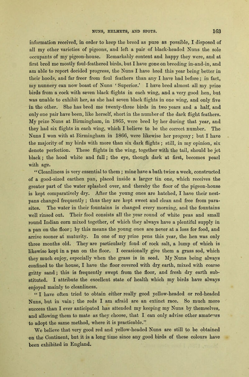 information received, in order to keep the breed as pure as possible, I disposed of all my other varieties of pigeons, and left a pair of black-beaded Nuns the sole occupants of my pigeon-house. Remarkably content and happy they were, and at iirst bred me mostly foul-feathered birds, but I have gone on breeding in-and-in, and am able to report decided progress, the Nuns I have bred this year being better in their hoods, and far freer from foul feathers than any I have had before; in fact, my nunnery can now boast of Nuns ‘ Superior.’ I have bred almost all my prize birds from a cock with seven black flights in each wing, and a very good hen, but was unable to exhibit her, as she had seven black flights in one wing, and only five in the other. She has bred me twenty-three birds in two years and a half, and only one pair have been, like herself, short in the number of the dark flight feathers. My prize Nuns at Birmingham, in 1865, were bred by her during that year, and they had six flights in each wing, which I believe to be the correct number. The Nuns I won with at Birmingham in 1866, were likewise her progeny; hut I have the majority of my birds with more than six dark flights ; still, in my opinion, six denote perfection. These flights in the wing, together with the tail, should be jet black; the hood white and full; the eye, though dark at first, becomes pearl with age. “Cleanliness is very essential to them ; mine have a bath twice a week, constructed of a good-sized earthen pan, placed inside a larger tin one, which receives the greater part of the water splashed over, and thereby the floor of the pigeon-house is kept comparatively dry. After the young ones are hatched, I have their nest- pans changed frequently; thus they are kept sweet and clean and free from para- sites. The water in their fountains is changed every morning, and the fountains well rinsed out. Their food consists all the year round of white peas and small round Indian corn mixed together, of which they always have a plentiful supply in a pan on the floor; by this means the young ones are never at a loss for food, and arrive sooner at maturity. In one of my prize pens this year, the hen was only three months old. They are particularly fond of rock salt, a lump of which is likewise kept in a pan on the floor. I occasionally give them a grass sod, which they much enjoy, especially when the grass is in seed. My Nuns being always confined to the house, I have the floor covered with dry earth, mixed with coarse gritty sand; this is frequently swept from the floor, and fresh dry earth sub- stituted. I attribute the excellent state of health which my birds have always enjoyed mainly to cleanliness. “ I have often tried to obtain either really good yellow-headed or red-headed Nuns, hut in vain; the reds I am afraid are an extinct race. So much more success than I ever anticipated has attended my keeping my Nuns by themselves, and allowing them to mate as they choose, that I can only advise other amateurs to adopt the same method, where it is practicable.” We believe that very good red and yellow-headed Nuns are still to he obtained on the Continent, but it is a long time since any good birds of these colours have been exhibited in England.