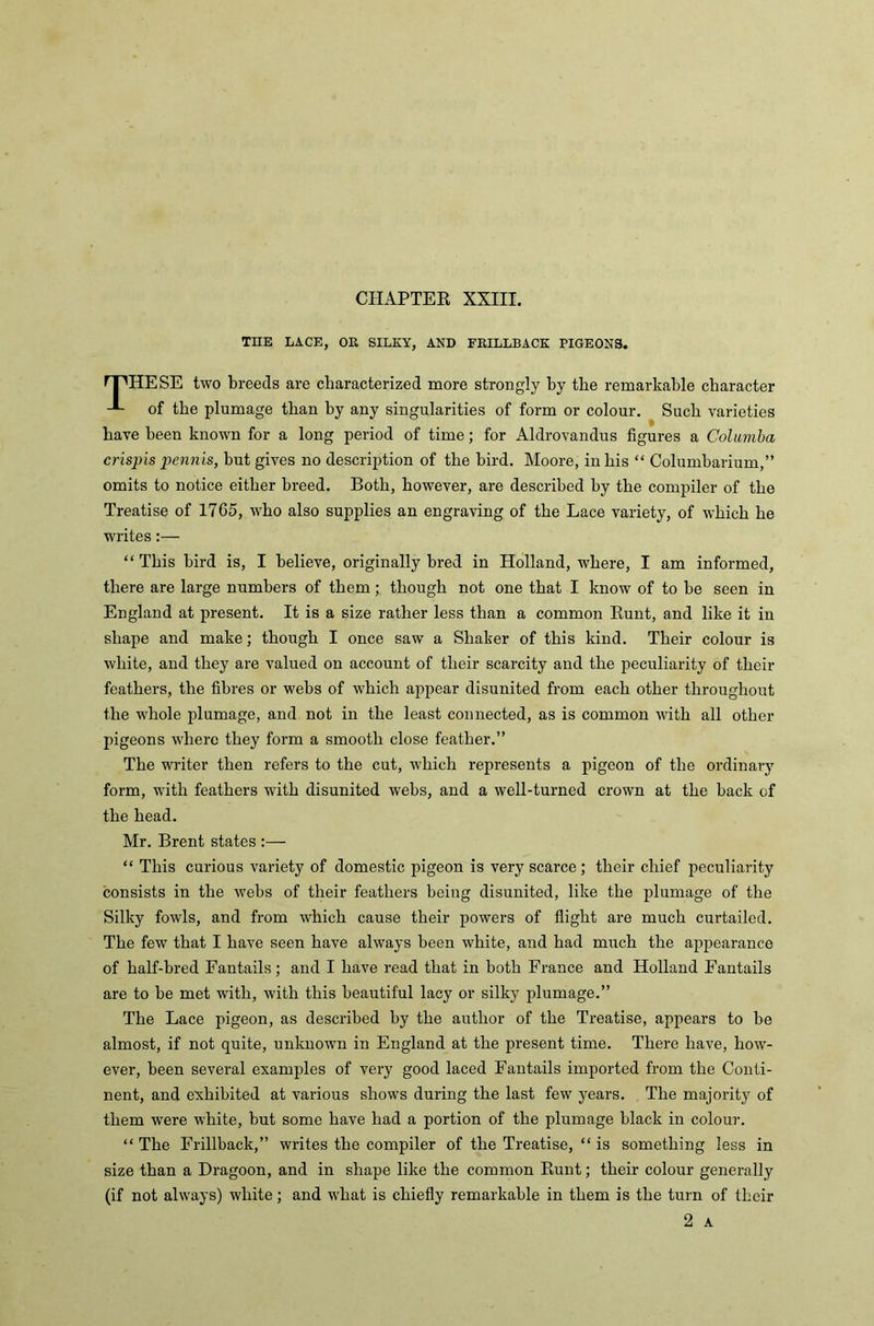TOE LACE, OR SILKY, AND FRILLBACK PIGEONS. nnHESE two breeds are characterized more strongly by the remarkable character of the plumage than by any singularities of form or colour. Such varieties have been known for a long period of time; for Aldrovandus figures a Columbia crispis pennis, hut gives no description of the bird. Moore, in his “ Columbarium,” omits to notice either breed. Both, however, are described by the compiler of the Treatise of 1765, who also supplies an engraving of the Lace variety, of which he writes:— “ This bird is, I believe, originally bred in Holland, where, I am informed, there are large numbers of them; though not one that I know of to he seen in England at present. It is a size rather less than a common Runt, and like it in shape and make; though I once saw a Shaker of this kind. Their colour is white, and they are valued on account of their scarcity and the peculiarity of their feathers, the fibres or webs of which appear disunited from each other throughout the whole plumage, and not in the least connected, as is common with all other pigeons where they form a smooth close feather.” The writer then refers to the cut, which represents a pigeon of the ordinary form, with feathers with disunited webs, and a well-turned crown at the back of the head. Mr. Brent states :— “ This curious variety of domestic pigeon is very scarce; their chief peculiarity consists in the webs of their feathers being disunited, like the plumage of the Silky fowls, and from which cause their powers of flight are much curtailed. The few that I have seen have always been white, and had much the appearance of half-bred Fantails; and I have read that in both France and Holland Fantails are to he met with, with this beautiful lacy or silky plumage.” The Lace pigeon, as described by the author of the Treatise, appears to be almost, if not quite, unknown in England at the present time. There have, how- ever, been several examples of very good laced Fantails imported from the Conti- nent, and exhibited at various shows during the last few years. The majority of them were white, but some have had a portion of the plumage black in colour. “ The Frillback,” writes the compiler of the Treatise, “ is something less in size than a Dragoon, and in shape like the common Runt; their colour generally (if not always) white; and what is chiefly remarkable in them is the turn of their 2 A