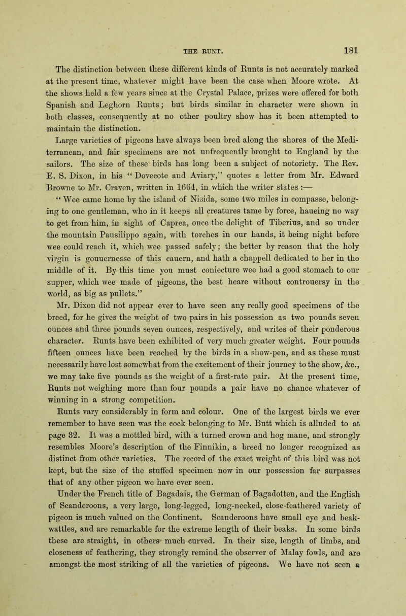 Tlie distinction between these different kinds of Hunts is not accurately marked at the present time, whatever might have been the case when Moore wrote. At the shows held a few years since at the Crystal Palace, prizes were offered for both Spanish and Leghorn Runts; but birds similar in character were shown in both classes, consequently at no other poultry show has it been attempted to maintain the distinction. Large varieties of pigeons have always been bred along the shores of the Medi- terranean, and fair specimens are not unfrequently brought to England by the sailors. The size of these birds has long been a subject of notoriety. The Rev. E. S. Dixon, in his “ Dovecote and Aviary,” quotes a letter from Mr. Edward Browne to Mr. Craven, written in 1664, in which the writer states :— “Wee came home by the island of Nisida, some two miles in compasse, belong- ing to one gentleman, who in it keeps all creatures tame by force, haueing no way to get from him, in sight of Caprea, once the delight of Tiberius, and so under the mountain Pausilippo again, with torches in our hands, it being night before wee could reach it, which wee passed safely; the better by reason that the holy virgin is gouuernesse of this cauern, and hath a chappell dedicated to her in the middle of it. By this time you must coniecture wee had a good stomach to our supper, which wee made of pigeons, the best heare without controuersy in the world, as big as pullets.” Mr. Dixon did not appear ever to have seen any really good specimens of the breed, for he gives the weight of two pairs in his possession as two pounds seven ounces and three pounds seven ounces, respectively, and writes of their ponderous character. Runts have been exhibited of very much greater weight. Four pounds fifteen ounces have been reached by the birds in a show-pen, and as these must necessarily have lost somewhat from the excitement of their journey to the show, &c., we may take five pounds as the weight of a first-rate pair. At the present time, Runts not weighing more than four pounds a pair have no chance whatever of winning in a strong competition. Runts vary considerably in form and colour. One of the largest birds we ever remember to have seen was the cock belonging to Mr. Butt which is alluded to at page 32. It was a mottled bird, with a turned crown and hog mane, and strongly resembles Moore’s description of the Finnikin, a breed no longer recognized as distinct from other varieties. The record of the exact weight of this bird was not kept, but the size of the stuffed specimen now in our possession far surpasses that of any other pigeon we have ever seen. Under the French title of Bagadais, the German of Bagadotten, and the English of Scanderoons, a very large, long-legged, long-necked, close-feathered variety of pigeon is much valued on the Continent. Scanderoons have small eye and beak- wattles, and are remarkable for the extreme length of their beaks. In some birds these are straight, in others much curved. In their size, length of limbs, and closeness of feathering, they strongly remind the observer of Malay fowls, and are amongst the most striking of all the varieties of pigeons. We have not seen a