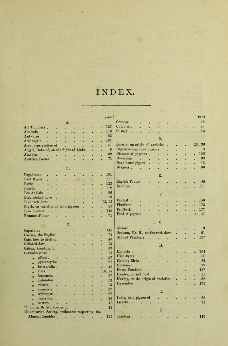 INDEX A. Air Tumblers ...... Almonds ...... Antwerps ...... Archangels . . . . . Area, construction of Argyll, Duke of, on the flight of birds . Atavism ...... Austrian Pouter B. Bagadotten ...... Bal l Heads ...... Barbs ....... Beards ....... Bec-Anglais ...... Blue-hacked dove ..... Blue rock dove ..... Blyth, on varieties of wild pigeons . Booz pigeons Brunnen Pouter C. Capuchine ...... Carrier, the English..... Cats, how to destroy..... Collared dove ...... Colour, breeding for .... Columha renas...... ,, a dims...... ,, gymnocyclos .... intermedia ..... ,, livia ...... ,, leuconota ..... ,, palumbus ..... ,, risoria ..... ,, rupestris ..... ,, schimperi ..... ,, turretum ..... ,, turtur. ..... Columha, British species of Columbarian Society, ordinances respecting the Almond Tumbler. . . l»AOE Cropper ..... . . 49 Cumulet ..... . 85 Cushat ..... . 13 D. Darwin, on origin of varieties . 28, 36 Digestive organs in pigeons 8 Diseases of pigeons . . 185 Dovecotes .... . 38 Dove-house pigeon . . 13 Dragons ..... E. English Pouter . . . 49 Ermines . . ' . ■ ■ . 171 F. Fantail ..... Finnikin .... . 175 Frillback .... . 177 Food of pigeons • 10, 47 - Ch Gizzard .... , 9 Graham, Mr. H., on the rock dove . . . 21 Ground Tumblers * • . 127 H. Helmets ..... , 164 High-flyers .... 86 Homing Birds .... . 82 Horseman .... . 79 House Tumblers . 127 Hunter, on soft food. . 11 Huxley, on the origin of varieties . 32 Hyacinths .... • . 171 I. India, wild pigeon of • , . ' . 26 Isabels ..... J. Jacobine PAGE 127 113 82 167 41 5 32 71 181 111 133 112 86 13 13, 15 26 140 71 146 74 40 13 63 13 27 27 26 13, 15 27 13 13 27 27 26 13 13 . 125