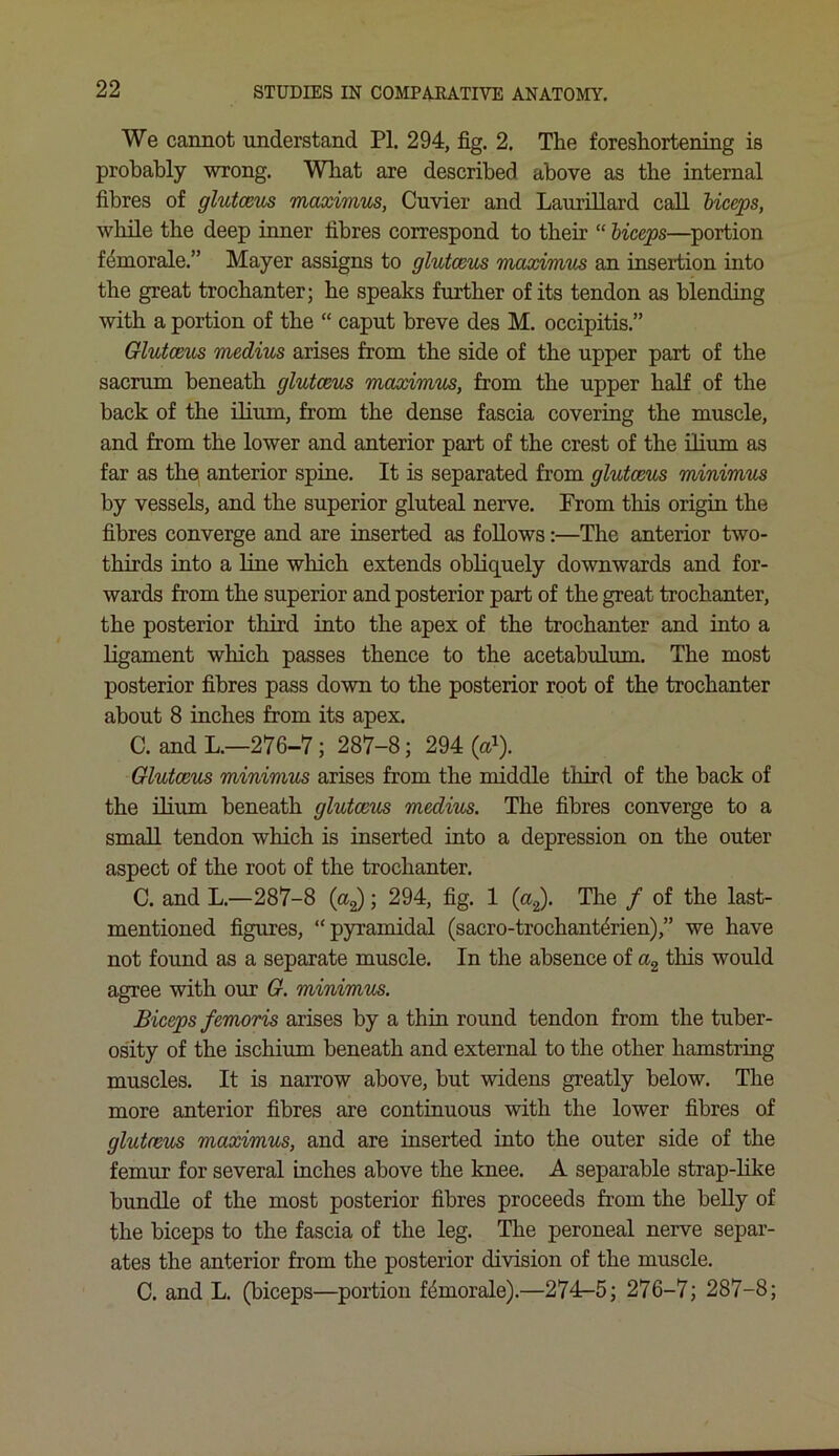We cannot understand PI. 294, fig. 2. The foreshortening is probably wrong. What are described above as the internal fibres of glutceus maximus, Cuvier and Laurillard call biceps, while the deep inner fibres correspond to their “ biceps—portion f&morale.” Mayer assigns to glutceus maxim'us an insertion into the great trochanter; he speaks further of its tendon as blending with a portion of the “ caput breve des M. occipitis.” Glutceus medius arises from the side of the upper part of the sacrum beneath glutceus maximus, from the upper half of the back of the ilium, from the dense fascia covering the muscle, and from the lower and anterior part of the crest of the ilium as far as the anterior spine. It is separated from glutceus minimus by vessels, and the superior gluteal nerve. From this origin the fibres converge and are inserted as follows:—The anterior two- thirds into a line which extends obliquely downwards and for- wards from the superior and posterior part of the great trochanter, the posterior third into the apex of the trochanter and into a ligament which passes thence to the acetabulum. The most posterior fibres pass down to the posterior root of the trochanter about 8 inches from its apex. C. and L.—276-7; 287-8; 294 (a1). Glutceus minimus arises from the middle third of the back of the ilium beneath glutceus medius. The fibres converge to a small tendon which is inserted into a depression on the outer aspect of the root of the trochanter. C. and L.—287-8 (a2); 294, fig. 1 (a2). The / of the last- mentioned figures, “pyramidal (sacro-trochantdrien),” we have not found as a separate muscle. In the absence of ci2 this would agree with our G. minimus. Biceps femoris arises by a thin round tendon from the tuber- osity of the ischium beneath and external to the other hamstring muscles. It is narrow above, but widens greatly below. The more anterior fibres are continuous with the lower fibres of glutceus maximus, and are inserted into the outer side of the femur for several inches above the knee. A separable strap-like bundle of the most posterior fibres proceeds from the belly of the biceps to the fascia of the leg. The peroneal nerve separ- ates the anterior from the posterior division of the muscle. C. and L. (biceps—portion femorale).—274-5; 276-7; 287-8;