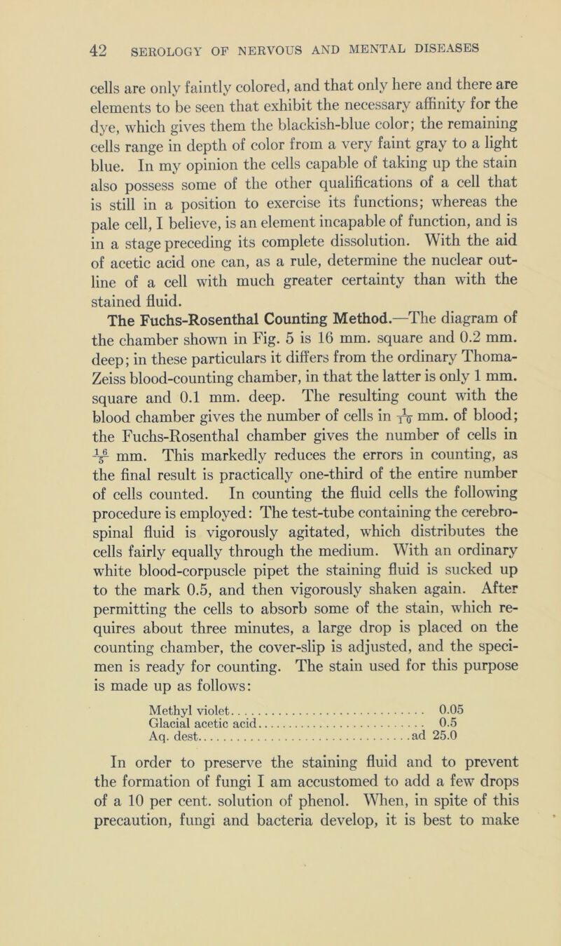 cells are only faintly colored, and that only here and there are elements to be seen that exhibit the necessary affinity for the dye, which gives them the blackish-blue color; the remaining cells range in depth of color from a very faint gray to a light blue. In my opinion the cells capable of taking up the stain also possess some of the other qualifications of a cell that is still in a position to exercise its functions; whereas the pale cell, I believe, is an element incapable of function, and is in a stage preceding its complete dissolution. With the aid of acetic acid one can, as a rule, determine the nuclear out- line of a cell with much greater certainty than with the stained fluid. The Fuchs-Rosenthal Counting Method.—The diagram of the chamber shown in Fig. 5 is 16 mm. square and 0.2 mm. deep; in these particulars it differs from the ordinary Thoma- Zeiss blood-counting chamber, in that the latter is only 1 mm. square and 0.1 mm. deep. The resulting count with the blood chamber gives the number of cells in mm. of blood; the Fuchs-Rosenthal chamber gives the number of cells in mm. This markedly reduces the errors in counting, as the final result is practically one-third of the entire number of cells counted. In counting the fluid cells the following procedure is employed: The test-tube containing the cerebro- spinal fluid is vigorously agitated, which distributes the cells fairly equally through the medium. With an ordinary white blood-corpuscle pipet the staining fluid is sucked up to the mark 0.5, and then vigorously shaken again. After permitting the cells to absorb some of the stain, which re- quires about three minutes, a large drop is placed on the counting chamber, the cover-slip is adjusted, and the speci- men is ready for counting. The stain used for this purpose is made up as follows: Methyl violet 0.05 Glacial acetic acid 0.5 Aq. dest ad 25.0 In order to preserve the staining fluid and to prevent the formation of fungi I am accustomed to add a few drops of a 10 per cent, solution of phenol. When, in spite of this precaution, fungi and bacteria develop, it is best to make