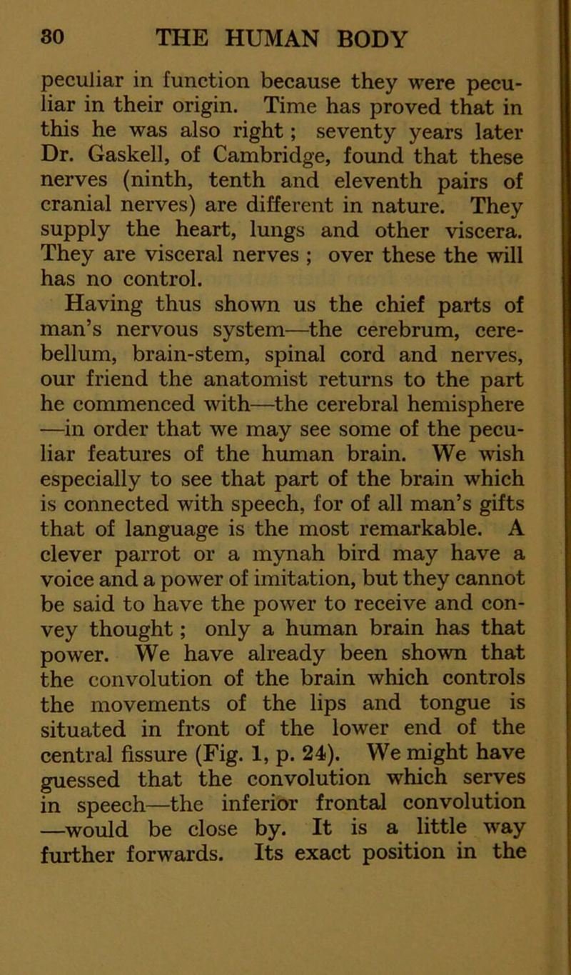 peculiar in function because they were pecu- liar in their origin. Time has proved that in this he was also right; seventy years later Dr. Gaskell, of Cambridge, found that these nerves (ninth, tenth and eleventh pairs of cranial nerves) are different in nature. They supply the heart, lungs and other viscera. They are visceral nerves ; over these the will has no control. Having thus shown us the chief parts of man’s nervous system—the cerebrum, cere- bellum, brain-stem, spinal cord and nerves, our friend the anatomist returns to the part he commenced with—the cerebral hemisphere —in order that we may see some of the pecu- liar features of the human brain. We wish especially to see that part of the brain which is connected with speech, for of all man’s gifts that of language is the most remarkable. A clever parrot or a mynah bird may have a voice and a power of imitation, but they cannot be said to have the power to receive and con- vey thought; only a human brain has that power. We have already been shown that the convolution of the brain which controls the movements of the lips and tongue is situated in front of the lower end of the central fissure (Fig. 1, p. 24). We might have guessed that the convolution which serves in speech—the inferior frontal convolution —would be close by. It is a little way further forwards. Its exact position in the