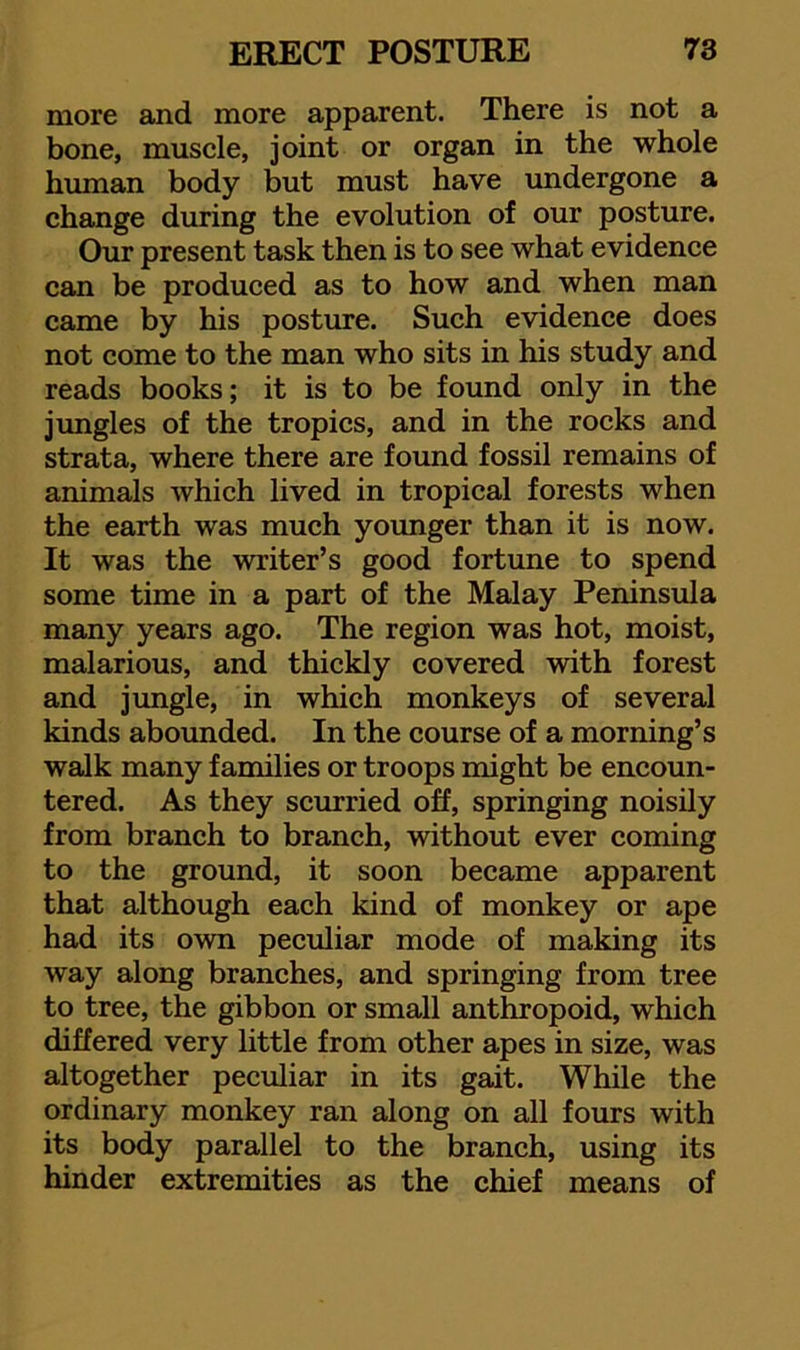 more and more apparent. There is not a bone, muscle, joint or organ in the whole human body but must have undergone a change during the evolution of our posture. Our present task then is to see what evidence can be produced as to how and when man came by his posture. Such evidence does not come to the man who sits in his study and reads books; it is to be found only in the jungles of the tropics, and in the rocks and strata, where there are found fossil remains of animals which lived in tropical forests when the earth was much younger than it is now. It was the writer’s good fortune to spend some time in a part of the Malay Peninsula many years ago. The region was hot, moist, malarious, and thickly covered with forest and jungle, in which monkeys of several kinds abounded. In the course of a morning’s walk many families or troops might be encoun- tered. As they scurried off, springing noisily from branch to branch, without ever coming to the ground, it soon became apparent that although each kind of monkey or ape had its own peculiar mode of making its way along branches, and springing from tree to tree, the gibbon or small anthropoid, which differed very little from other apes in size, was altogether peculiar in its gait. While the ordinary monkey ran along on all fours with its body parallel to the branch, using its hinder extremities as the chief means of