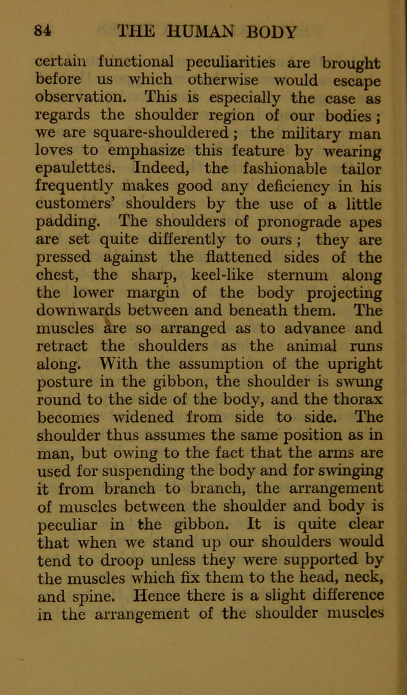 certain functional peculiarities are brought before us which otherwise would escape observation. This is especially the case as regards the shoulder region of our bodies; we are square-shouldered; the military man loves to emphasize this feature by wearing epaulettes. Indeed, the fashionable tailor frequently makes good any deficiency in his customers’ shoulders by the use of a little padding. The shoulders of pronograde apes are set quite differently to ours; they are pressed against the flattened sides of the chest, the sharp, keel-like sternum along the lower margin of the body projecting downwards between and beneath them. The muscles 4re so arranged as to advance and retract the shoulders as the animal runs along. With the assumption of the upright posture in the gibbon, the shoulder is swung round to the side of the body, and the thorax becomes widened from side to side. The shoulder thus assumes the same position as in man, but owing to the fact that the arms are used for suspending the body and for swinging it from branch to branch, the arrangement of muscles between the shoulder and body is peculiar in the gibbon. It is quite clear that when we stand up our shoulders would tend to droop unless they were supported by the muscles which fix them to the head, neck, and spine. Hence there is a slight difference in the arrangement of the shoulder muscles