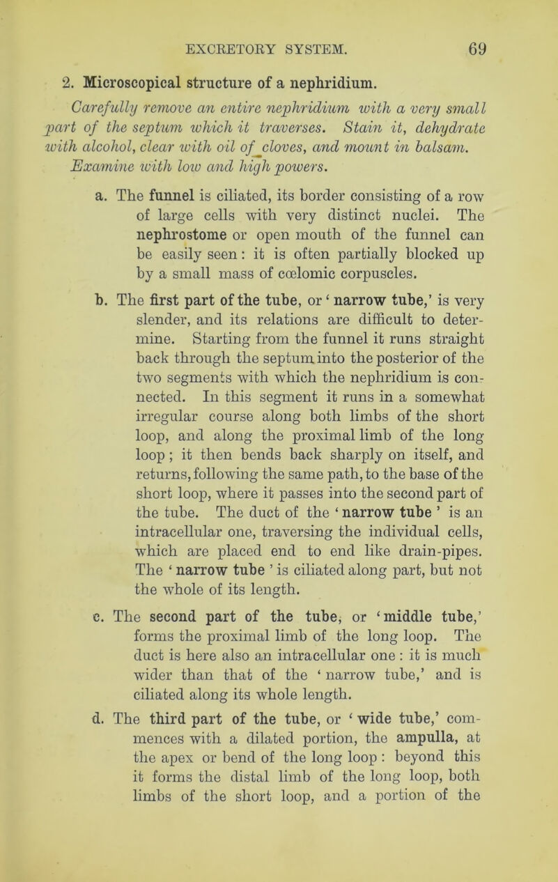 2. Microscopical structure of a nephridium. Carefully remove an entire nephridium with a very small part of the septum which it traverses. Stain it, dehydrate with alcohol, clear with oil of cloves, and mount in balsam. Examine with loio and high powers. a. The funnel is ciliated, its border consisting of a row of large cells with very distinct nuclei. The nephrostome or open mouth of the funnel can be easily seen: it is often partially blocked up by a small mass of coelomic corpuscles. b. The first part of the tube, or ‘ narrow tube,’ is very slender, and its relations are difficult to deter- mine. Starting from the funnel it runs straight back through the septum into the posterior of the two segments with which the nephridium is con- nected. In this segment it runs in a somewhat irregular course along both limbs of the short loop, and along the proximal limb of the long- loop ; it then bends back sharply on itself, and returns, following the same path, to the base of the short loop, where it passes into the second part of the tube. The duct of the ‘ narrow tube ’ is an intracellular one, traversing the individual cells, which are placed end to end like drain-pipes. The ‘ narrow tube ’ is ciliated along part, but not the whole of its length. e. The second part of the tube, or ‘middle tube,’ forms the proximal limb of the long loop. The duct is here also an intracellular one : it is much wider than that of the 4 narrow tube,’ and is ciliated along its whole length. d. The third part of the tube, or 4 wide tube,’ com- mences with a dilated portion, the ampulla, at the apex or bend of the long loop : beyond this it forms the distal limb of the long loop, both limbs of the short loop, and a portion of the