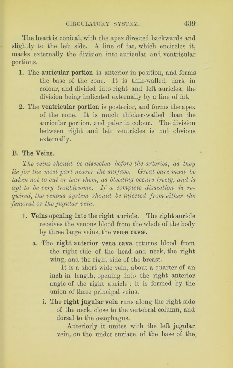 The heart is conical, with the apex directed backwards and slightly to the left side. A line of fat, which encircles it, marks externally the division into auricular and ventricular portions. 1. The auricular portion is anterior in position, and forms the base of the cone. It is thin-walled, dark in colour, and divided into right and left auricles, the division being indicated externally by a line of fat. 2. The ventricular portion is posterior, and forms the apex of the cone. It is much thicker-walled than the auricular portion, and paler in colour. The division between right and left ventricles is not obvious externally. B. The Veins. The veins should he dissected before the arteries, as they lie for the most part nearer the surface. Great care must he taken not to cut or tear them, as bleeding occurs freely, and is apt to be very troublesome. If a complete dissection is re- quired, the venous system should be injected from either the femoral or the jugular vein. 1. Veins opening into the right auricle. The right auricle receives the venous blood from the whole of the body by three large veins, the venae cavae. a. The right anterior vena cava returns blood from the right side of the head and neck, the right wing, and the right side of the breast. It is a short wide vein, about a quarter of an inch in length, opening into the right anterior angle of the right auricle : it is formed by the union of three principal veins. i. The right jugular vein runs along the right side of the neck, close to the vertebral column, and dorsal to the oesophagus. Anteriorly it unites with the left jugular vein, on the under surface of the base of the