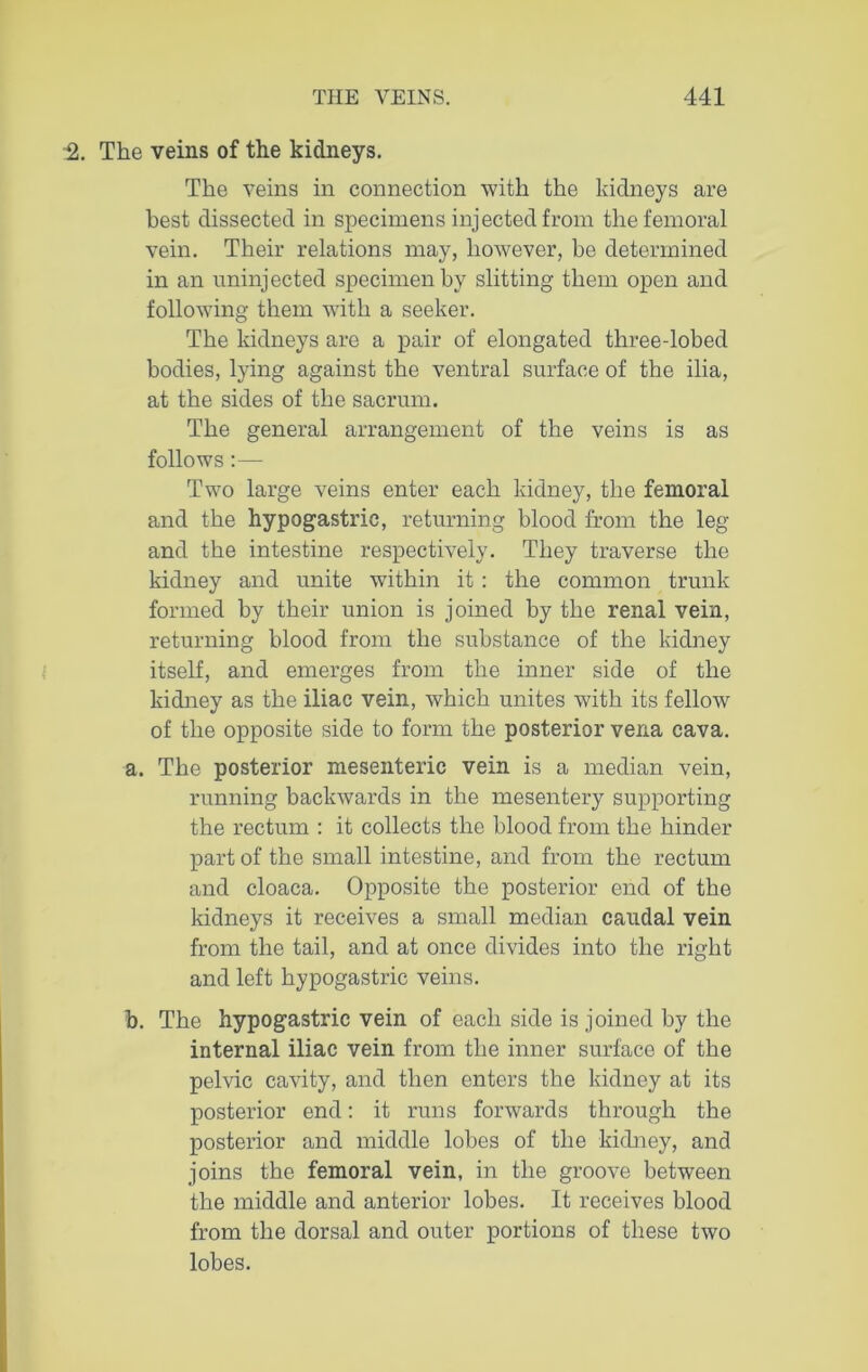 2. The veins of the kidneys. The veins in connection with the kidneys are best dissected in specimens injected from the femoral vein. Their relations may, however, be determined in an uninjected specimen by slitting them open and folloAving them wdth a seeker. The kidneys are a pair of elongated three-lobed bodies, lying against the ventral surface of the ilia, at the sides of the sacrum. The general arrangement of the veins is as follows:— Two large veins enter each kidney, the femoral and the hypogastric, returning blood from the leg and the intestine respectively. They traverse the kidney and unite within it : the common trunk formed by their union is joined by the renal vein, returning blood from the substance of the kidney itself, and emerges from the inner side of the kidney as the iliac vein, which unites with its fellow of the opposite side to form the posterior vena cava. a. The posterior mesenteric vein is a median vein, running backwards in the mesentery supporting the rectum : it collects the blood from the hinder part of the small intestine, and from the rectum and cloaca. Opposite the posterior end of the kidneys it receives a small median caudal vein from the tail, and at once divides into the right and left hypogastric veins. b. The hypogastric vein of each side is joined by the internal iliac vein from the inner surface of the pelvic cavity, and then enters the kidney at its posterior end: it runs forwards through the posterior and middle lobes of the kidney, and joins the femoral vein, in the groove between the middle and anterior lobes. It receives blood from the dorsal and outer portions of these two lobes.