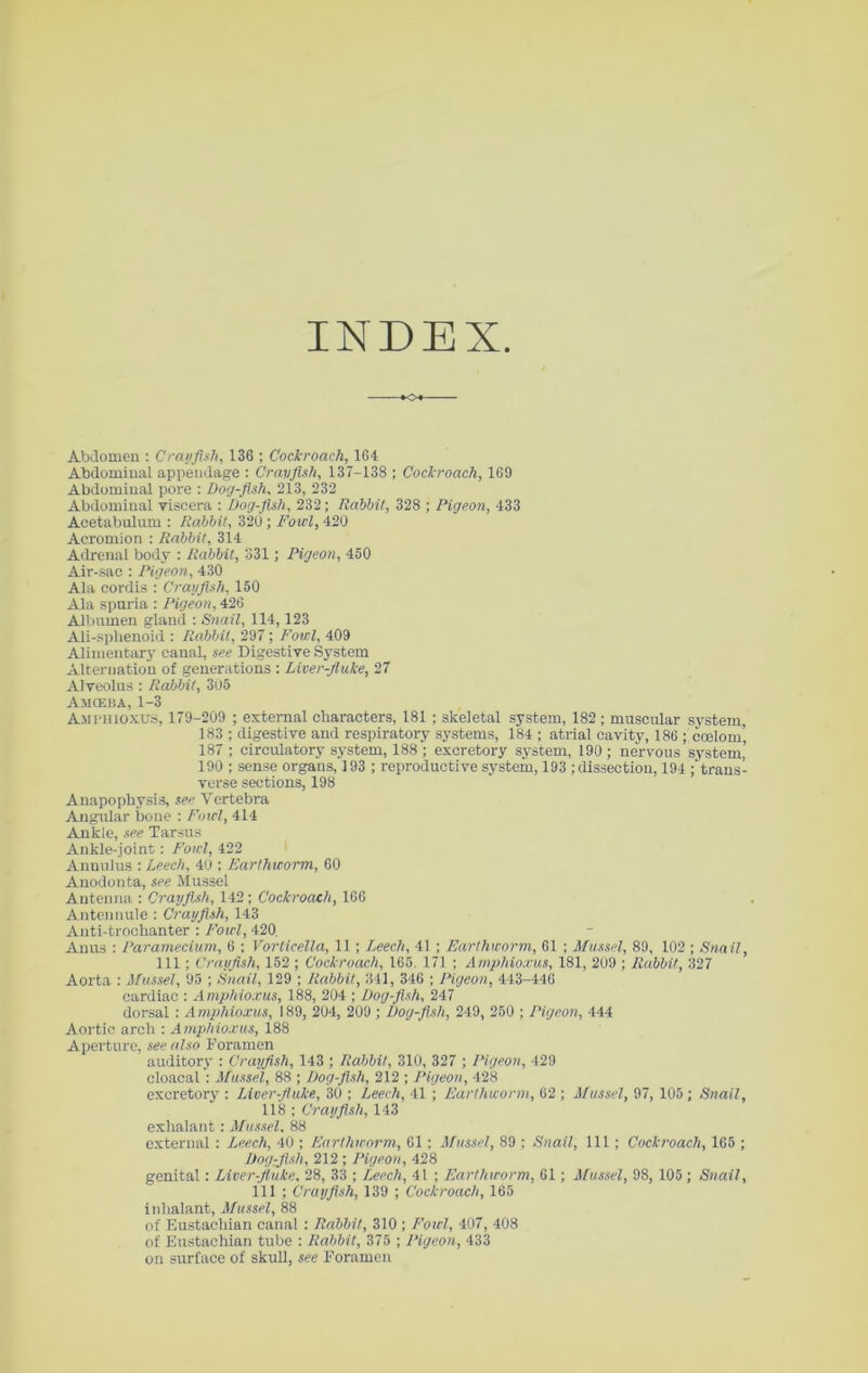 INDEX Abdomen : Crayfish, 13G ; Cockroach, 164 Abdominal appendage : Crayfish, 137-138 ; Cockroach, 169 Abdominal pore : Dog-fish, 213, 232 Abdominal viscera : Dog-fish, 232; Rabbit, 328 ; Pigeon, 433 Acetabulum : Rabbit, 320; Fowl, 420 Acromion : Rabbit, 314 Adrenal body : Rabbit, 331; Pigeon, 450 Air-sac : Pigeon, 430 Ala cordis : Crayfish, 150 Ala spuria : Pigeon, 426 Albumen gland : Snail, 114,123 Ali-sphenoid : Rabbit, 297; Fowl, 409 Alimentary canal, see Digestive System Alternation of generations : Liver-flake, 27 Alveolus: Rabbit, 305 Amoeba, 1-3 Amphioxus, 179-209 ; external characters, 181 ; skeletal system, 182; muscular system, 183 ; digestive and respiratory systems, 184 ; atrial cavity, 186 ; coelom’ 187 ; circulatory system, 188 ; excretory system, 190 ; nervous system’ 190 ; sense organs, 193 ; reproductive system, 193 ; dissection, 194 ; trans- verse sections, 198 Anapophysis, see Vertebra Angular bone : Fowl, 414 Ankle, see Tarsus Ankle-joint: Fowl, 422 Annulus : Leech, 40 : Earthworm, 60 Anodonta, see Mussel Antenna : Crayfish, 142; Cockroach, 166 Antennule : Crayfish, 143 Anti-trochanter : Fowl, 420. Anus : Paramecium, 6 ; Vorticella, 11; Leech, 41 ; Earthworm, 61 ; Mussel, 89, 102 ; Snail, 111; Crayfish, 152 ; Cockroach, 165. 171 ; Amphioxus, 181, 209 ; Rabbit, 327 Aorta ; Mussel, 95 ; Snail, 129 ; Rabbit, 341, 346 ; Pigeon, 443-446 cardiac : Amphioxus, 188, 204 ; Dog-fish, 247 dorsal : Amphioxus, 189, 204, 209 ; Dog-fish, 249, 250 ; Pigeon, 444 Aortic arch : Amphioxus, 188 Aperture, see also Foramen auditory : Crayfish, 143 ; Rabbit, 310, 327 ; Pigeon, 429 cloacal : Mussel, 88 ; Dog-fish, 212 ; Pigeon, 428 excretory : Liver-fluke, 30 ; Leech, 41 ; Earthworm, 62 ; Mussel, 97, 105 ; Snail, 118 ; Crayfish, 143 exlialant: Mussel, 88 external; Leech, 40 ; Earthworm, 61 ; Mussel, 89 : Snail, 111; Cockroach, 165 ; Dog-fish, 212 ; Pigeon, 428 genital: Liver-fluke, 28, 33 ; Leech, 41 ; Earthworm, 61; Mussel, 98, 105; Snail, 111 ; Crayfish, 139 ; Cockroach, 165 inhalant, Mussel, 88 of Eustachian canal : Rabbit, 310 ; Fowl, 407, 408 of Eustachian tube : Rabbit, 375 ; Pigeon, 433 on surface of skull, see Foramen