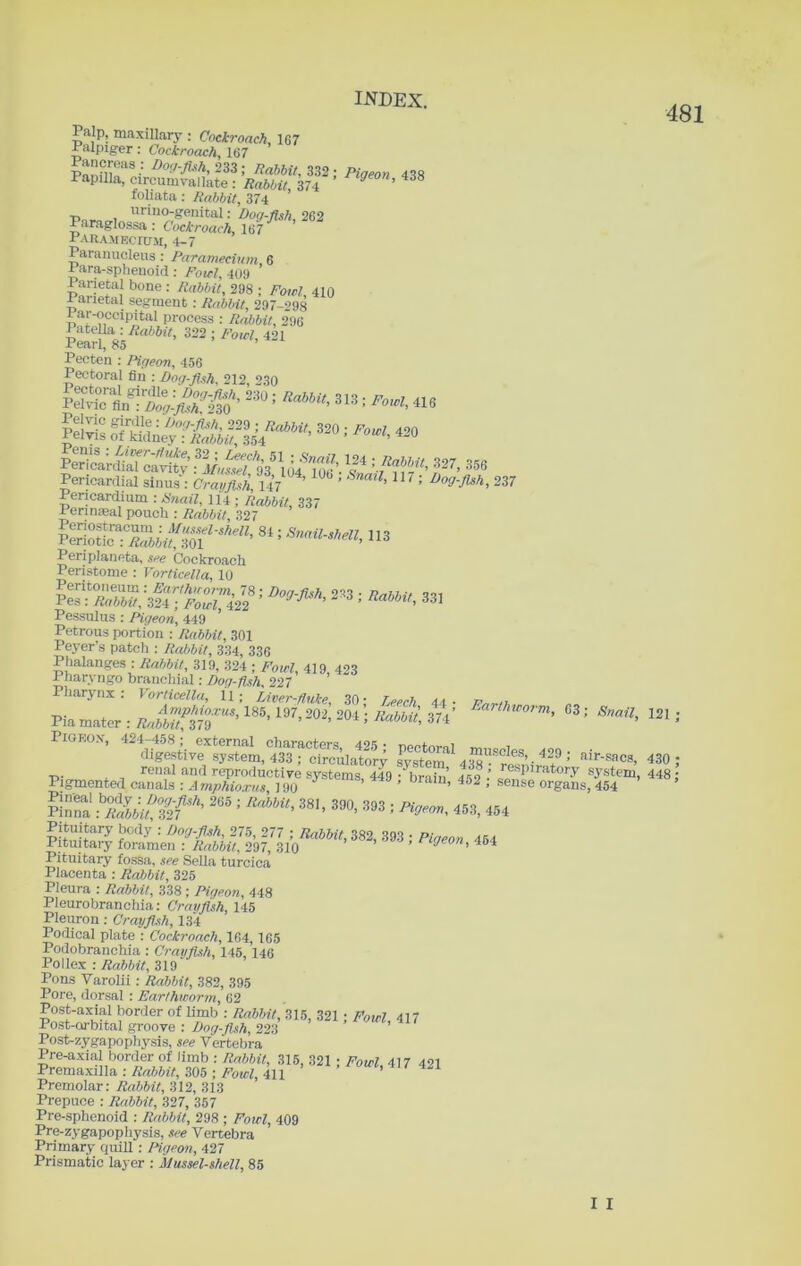481 Palp, maxillary : Cockroach, 167 Palpiger: Cockroach, 167 Panin®08- 1>0;,-JUh’ -33 i Rabbit, 332; Pigeon 418 Papilla, oircumvallate : Rabbit, 374 9 ' 438 fohata : Rabbit, 374 -p„_ , urino-genital: /Jog-fish, 262 Paraglossa : Cockroach, 167 Paramecium, 4-7 Paranucleus : Paramecium, 6 i ara-sphenoid; Foicl, 409 Parietal bone : Rabbit, 298 ; Fowl, 410 Parietal segment: Rabbit, 297-298 Par-occipital process : Rabbit, 296 Patella ; Rabbit, 322 ; Fowl, 421 Pearl, 85 Pecten : Ihgeon, 456 Pectoral fin : Dog-fish, 212, 230 “: 318: PvS *»=»«.« W. Pericardial sinus : Crayfish 147 ’ ’ l‘l 11'; 237 Pericardium : Snail, 114 ; Rabbit, 337 Pen meal pouch : Rabbit, 327 PedotSwSf^’ 81; SMen> ™ Periplaneta, see Cockroach Peristome : Vorticella, 10 Peritoneum: Earthworm, 78 : Dog-fish “’ll • n„hhu m Pes : Rabbit, 324 ; Fowl, 422 9 J ’ ’ liahhlt’ 331 Pessulus : Pigeon, 449 ’ Petrous portion : Rabbit, 301 Peyer’s patch : Rabbit, 334, 336 Phalanges : Rabbit, 319, 324 ; Fowl 419 423 Pharyngo branchial: Dog-fish, 227’ ’ Pharynx : Vorticella, 11; Liver-fluke, 30; Leech 44 • tv x Amphioxus, 185,197,202,204- Rabbit 37a’ Pia mater : Rabbit, 379 ’ ’ naoou> <*'4 Pigeon, 424^ S^4sTl5i»t9 *' nilsacs- 430 5 Pigmented cS<*—■ 4i» >W SE&SS2 «> £“,! 2“ ! 800. St.3; «ge„, 458, 454 Rss? a^riSifc yib's82-8,3=«*».« Pituitary fossa, see Sella turcica Placenta : Rabbit, 325 Pleura : Rabbit, 338 ; Pigeon, 448 Pleurobranchia: Crayfish, 145 Pleuron: Crayfish, 134 Podical plate : Cockroach, 164,165 Podobranchia : Crayfish, 145,146 Pollex : Rabbit, 319 Pons Varolii : Rabbit, 382, 395 Pore, dorsal : Earthworm, 62 Post-axial border of limb : Rabbit, 315, 321 ; Fowl, 417 Post-orbital groove : Dog-fish, 223 Post-zyga popl lysis, see Vertebra Pre-axial border of limb : Rabbit, 315, 321 ; Fowl 417 421 Premaxilla : Rabbit, 305 ; Fowl, 411 Premolar: Rabbit, 312, 313 Prepuce : Rabbit, 327, 357 Pre-sphenoid : Rabbit, 298 ; Fowl, 409 Pre-zygapophysis, see Vertebra Primary quill : Pigeon, 427 Prismatic layer : Mussel-shell, 85 Rabbit, 3fV Mrthworm> C3>' Snail, 121; 438^SrleS’• 4+9 ’ air'sacs> 430;