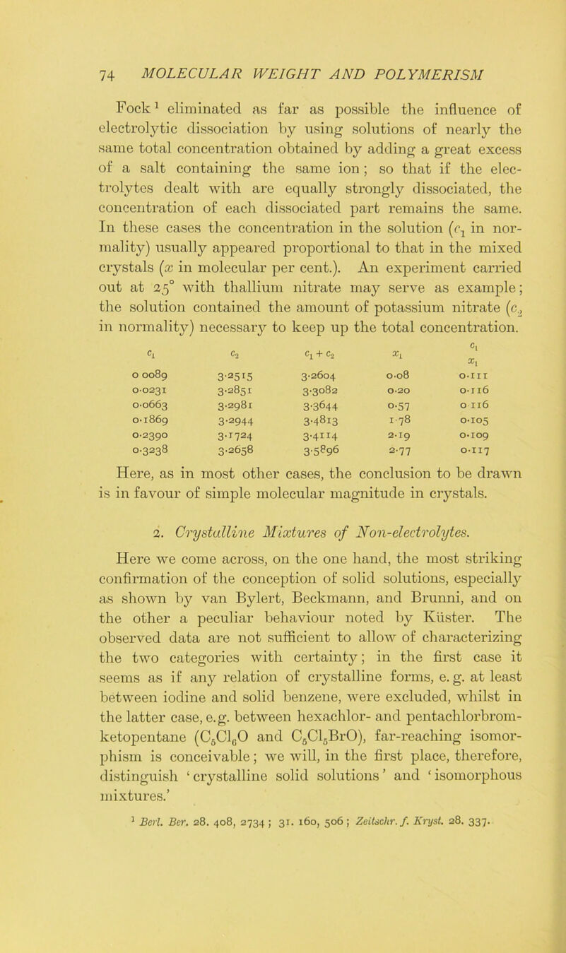 Fock1 eliminated as far as possible the influence of electrolytic dissociation by using solutions of nearly the same total concentration obtained by adding a great excess of a salt containing the same ion ; so that if the elec- trolytes dealt with are equally strongly dissociated, the concentration of each dissociated part remains the same. In these cases the concentration in the solution (cx in nor- mality) usually appeared proportional to that in the mixed crystals (x in molecular per cent.). An experiment carried out at 250 with thallium nitrate may serve as example; the solution contained the amount of potassium nitrate (c2 in normality) necessary to keep up the total concentration. c, Co CL + Co xL ci X, 0 0089 3-25t5 3-2604 0-08 O-III 0-0231 3-285I 3-3082 0-20 o-ix6 0-0663 3-2981 3-3644 o-57 0 116 0-1869 3-2944 3-48i3 1 78 0-105 0-2390 3-1724 3-4ir4 2-19 0-109 0-3238 3.2658 35896 2-77 0-117 Here, as in most other cases, the conclusion to be drawn is in favour of simple molecular magnitude in crystals. 2. Crystalline Mixtures of Non-electrolytes. Here we come across, on the one hand, the most striking confirmation of the conception of solid solutions, especially as shown by van Bylert, Beckmann, and Brunni, and on the other a peculiar behaviour noted by Kuster. The observed data are not sufficient to allow of characterizing the two categories with certainty; in the first case it seems as if any relation of crystalline forms, e. g. at least between iodine and solid benzene, were excluded, whilst in the latter case, e.g. between hexachlor- and pentachlorbrom- ketopentane (C6Cl0O and C5ClcBrO), far-reaching isomor- phism is conceivable; we will, in the first place, therefore, distinguish ‘crystalline solid solutions’ and ‘isomorphous mixtures.’ 1 Berl. Ber. 28. 408, 2734 ; 31. 160, 506; Zeitschr. f. Kryst. 28. 337.