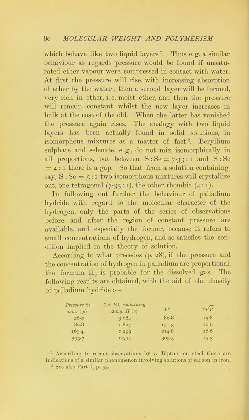which behave like two liquid layers1. Thus e.g. a similar behaviour as regards pressure would be found if unsatu- rated ether vapour were compressed in contact with water. At first the pressure will rise, with increasing absorption of ether by the water; then a second layer will be formed, very rich in ether, i. e. moist ether, and then the pressure will remain constant whilst the new layer increases in bulk at the cost of the old. When the latter has vanished the pressure again rises. The analogy with two liquid layers has been actually found in solid solutions, in isomorphous mixtures as a matter of fact2. Beryllium sulphate and selenate, e. g., do not mix isomorphically in all proportions, but between S : Se = 7-33:1 and S : Se = 4:1 there is a gap. So that from a solution containing, say, S : Se = 5 :1 two isomorphous mixtures will crystallize out, one tetragonal (7-33 :1), the other rhombic (4:1). In following out further the behaviour of palladium hydride with regard to the molecular character of the hydrogen, only the parts of the series of observations before and after the region of constant pressure are available, and especially the former, because it refers to small concentrations of hydrogen, and so satisfies the con- dition implied in the theory of solution. According to what precedes (p. 28), if the pressure and the concentration of hydrogen in palladium are proportional, the formula H2 is probable for the dissolved gas. The following results are obtained, with the aid of the density of palladium hydride :— Pressure in mm. (p) C.c. Pd, containing 2 mg. II (y) pv vVp 26-2 3-084 8o-8 i5'8 82.8 1.827 r5I,3 166 165.4 1.299 214.8 16-6 393-7 0771 3°3-5 !5-3 1 According to recent observations by v. Juptner on steel, there are indications of a similar phenomenon involving solutions of carbon in iron. 2 See also Part I, p. 55.