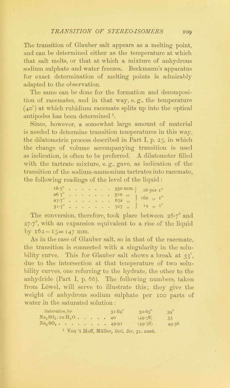 The transition of Glauber salt appears as a melting point, and can be determined either as the temperature at which that salt melts, or that at which a mixture of anhydrous sodium sulphate and water freezes. Beckmann’s apparatus for exact determination of melting points is admirably adapted to the observation. The same can be done for the formation and decomposi- tion of racemates, and in that way, e. g., the temperature (40°) at which rubidium racemate splits up into the optical antipodes has been determined 1. Since, however, a somewhat large amount of material is needed to determine transition temperatures in this way, the dilatometric process described in Part I, p. 25, in which the change of volume accompanying transition is used as indication, is often to be preferred. A dilatometer filled with the tartrate mixture, e. g., gave, as indication of the transition of the sodium-ammonium tartrates into racemate, the following readings of the level of the liquid : l6'7° 350 mm. I l6 per i° 26 7° 5io „ , 27-7 672 „ > ” 3'-7° 727 ,, f v J° The conversion, therefore, took place between 26-7° and 27-7°, with an expansion equivalent to a rise of the liquid by 16 2 — 15 = j 47 mm. As in the case of Glauber salt, so in that of the racemate, the transition is connected with a singularity in the solu- bility cui've. This for Glauber salt shows a break at 330, due to the intersection at that temperature of two solm bility curves, one referring to the hydrate, the other to the anhydride (Part I, p. 66). The following numbers, taken from Lowel, will serve to illustrate this; they give the weight of anhydrous sodium sulphate per 100 parts of water in the saturated solution : Saturation for 31-84° 32-65° 34° Na-jSOj. ioH20 40 (49-78) 55 Na2S04 49-91 (49.78) 49-56 1 Van ’t Iloff, Muller, Bert. Ber. 31. 2206.