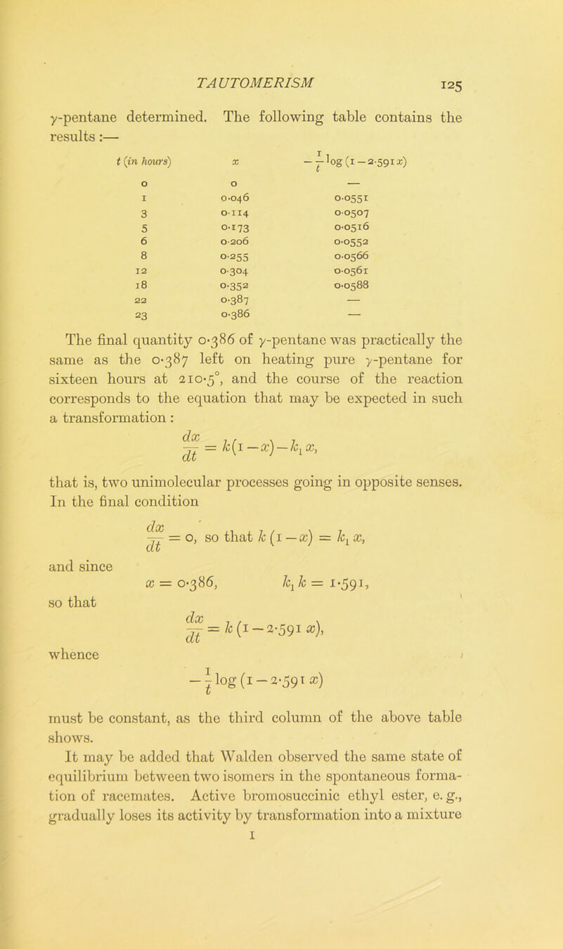 125 y-pentane determined. The following table contains the results:— (in hours) X __]og(i—2-59IX) 0 0 — 1 0-046 00551 3 0114 00507 5 0-173 0-0516 6 0-206 0-0552 8 0255 0-0566 12 0-304 0-0561 18 0-352 0-0588 22 0.387 — 23 0-386 — The final quantity 0-386 of y-pentane was practically the same as the 0-387 left on heating pure y-pentane for sixteen hours at 210-5°, and the course of the reaction corresponds to the equation that may be expected in such a transformation: clx dt lc[ 1 —x) — Jcl x, that is, two unimolecular processes going in opposite senses. In the final condition and since so that whence dec — = o, so that Jc (i—x) = lcL x, Civ x = 0-386, 1c j k = 1-591, — = /c (1-2-591 aj), log (1-2-59xx) \ must be constant, as the third column of the above table shows. It may be added that Walden observed the same state of equilibrium between two isomers in the spontaneous forma- tion of racemates. Active bromosuccinic ethyl ester, e. g., gradually loses its activity by transformation into a mixture