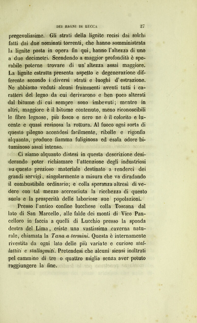pregevolissime. Gli strali della lignite recisi dai solchi fatti dai due nominati torrenti, che hanno somministrata la lignite posta in opera fin qui, hanno l’altezza di uno a due decimetri. Scendendo a maggior profondità è spe- rabile poterne trovare di un’ altezza assai maggiore. La lignite estratta presenta aspetto e degenerazione dif- ferente secondo i diversi strati e luoghi d’estrazione. Ne abbiamo veduti alcuni frammenti aventi tutti i ca- ratteri del legno da cui derivarono e ben poco alterati dal bitume di cui sempre sono imbevuti; mentre in altri, maggiore è il bitume contenuto, meno riconoscibili le fibre legnose, piu fosco e nero ne è il colorito e lu- cente e quasi resinosa la rottura. Al fuoco ogni sorta di questo pilegno accendesi facilmente, ribolle e rigonfia alquanto, produce fiamma fuliginosa ed esala odore bi- tuminoso assai intenso. Ci siamo alquanto distesi in questa descrizione desi- derando poter richiamare l’attenzione degli industriosi su questo prezioso materiale destinato a renderci dei grandi servigi, singolarmente a misura che va diradando il combustibile ordinario; e colla speranza altresì di ve- dere con tal mezzo accresciuta la ricchezza di questo suolo e la prosperità delle laboriose sue popolazioni. Presso l’antico confine lucchese colla Toscana dal lato di San Marcello, alle falde dei monti di Vico Pan- celloro in faccia a quelli di Lucchio presso la sponda destra del Lima, esiste una vastissima caverna natu- rale, chiamata la Tana a termini. Questa è internamente rivestita da ogni lato delle più variate e curiose stai- lattiti e stalagmiti. Pretendesi che alcuni siensi inoltrati pel cammino di tre o quattro miglia senza aver potuto raggiungere la fine.
