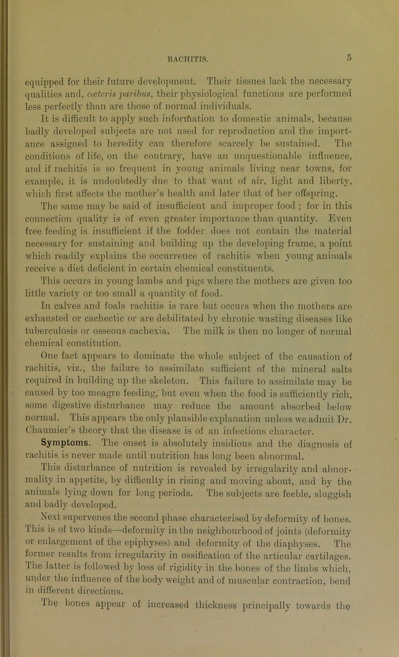 equipped for their future development. Their tissues lack the necessary qualities and, cateris paribus, their physiological functions are performed less perfectly than are those of normal individuals. It is difficult to apply such inforuTation to domestic animals, because hadly developed subjects are not used for reproduction and the import- ance assigned to heredity can therefore scarcely he sustained. The conditions of life, on the contrary, have an unquestionable influence, and if rachitis is so frequent in young animals living near towns, for example, it is undoubtedly due to that want of air, light and liberty, which first affects the mother’s health and later that of her offspring. The same may he said of insufficient and improper food ; for in this connection quality is of even greater importance than quantity. Even free feeding is insufficient if the fodder does not contain the material necessary for sustaining and building up the developing frame, a point which readily explains the occurrence of rachitis when young animals receive a diet deficient in certain chemical constituents. This occurs in young lambs and pigs where the mothers are given too little variety or too small a quantity of food. In calves and foals rachitis is rare hut occurs when the mothers are exhausted or cachectic or are debilitated by chronic wasting diseases like tuberculosis or osseous cachexia. The milk is then no longer of normal chemical constitution. One fact appears to dominate the whole subject of the causation of rachitis, viz., the failure to assimilate sufficient of the mineral salts required in building up the skeleton. This failure to assimilate may be caused by too meagre feeding,' but even when the food is sufficiently rich, some digestive disturbance may reduce the amount absorbed below normal. This appears the only plausible explanation unless we admit Dr. Chaumier’s theory that the disease is of an infectious character. Symptoms. The onset is absolutely insidious and the diagnosis of rachitis is never made until nutrition has long been abnormal. This disturbance of nutrition is revealed by irregularity and abnor- mality in appetite, by difficulty in rising and moving about, and by the animals lying down for long periods. The subjects are feeble, sluggish and badly developed. Next supervenes the second phase characterised by deformity of hones. This is of two kinds—deformity in the neighbourhood of joints (deformity or enlargement of the epiphyses) and deformity of the diaphyses. The former results from irregularity in ossification of the articular cartilages. The latter is followed by loss of rigidity in the bones of the limbs which, under the influence of the body weight and of muscular contraction, bend in different directions. Ihe bones appear of increased thickness principally towards the