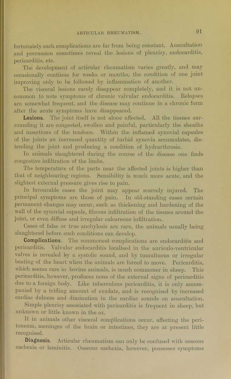 fortunately such complications are far from being constant. Auscultation and percussion sometimes reveal the lesions of pleurisy, endocarditis, pericarditis, etc. The development of articular rheumatism varies greatly, and may occasionally continue for weeks or months, the condition of one joint improving only to he followed by inflammation of another. The visceral lesions rarely disappear completely, and it is not un- common to note symptoms of chronic valvular endocarditis. Relapses are somewhat frequent, and the disease may continue in a chronic form after the acute symptoms have disappeared. Lesions. The joint itself is not alone affected. All the tissues sur- rounding it are congested, swollen and painful, particularly the sheaths and insertions of the tendons. Within the inflamed synovial capsules of the joints an increased quantity of turbid synovia accumulates, dis- tending the joint and producing a condition of hydrarthrosis. In animals slaughtered during the course of the disease one finds congestive infiltration of the limbs. The temperature of the parts near the affected joints is higher than that of neighbouring regions. Sensibility is much more acute, and the slightest external pressure gives rise to pain. In favourable cases the joint may appear scarcely injured. The principal symptoms are those of pain. In old-standing cases certain permanent changes may occur, such as thickening and hardening of the wall of the synovial capsule, fibrous infiltration of the tissues around the joint, or even diffuse and irregular calcareous infiltration. Cases of false or true anchylosis are rare, the animals usually being slaughtered before such conditions can develop. Complications. The commonest complications are endocarditis and pericarditis. Valvular endocarditis localised in the auriculo-ventricular valves is revealed by a systolic sound, and by tumultuous or irregular beating of the heart when the animals are forced to move. Pericarditis, which seems rare in bovine animals, is much commoner in sheep. This pericarditis, liowever, produces none of the external signs of pericarditis due to a foreign body. Like tuberculous pericarditis, it is only accom- panied by a trifling amount of exudate, and is recognised by increased cardiac dulness and diminution in the cardiac sounds on auscultation. Simple pleurisy associated with pericarditis is frequent in sheep, hut unknown or little known in the ox. If in animals other visceral complications occur, affecting the peri- toneum, meninges of the brain or intestines, they are at present little recognised. Diagnosis. Articular rheumatism can only he confused with osseous cachexia or laminitis. Osseous cachexia, however, possesses symptoms