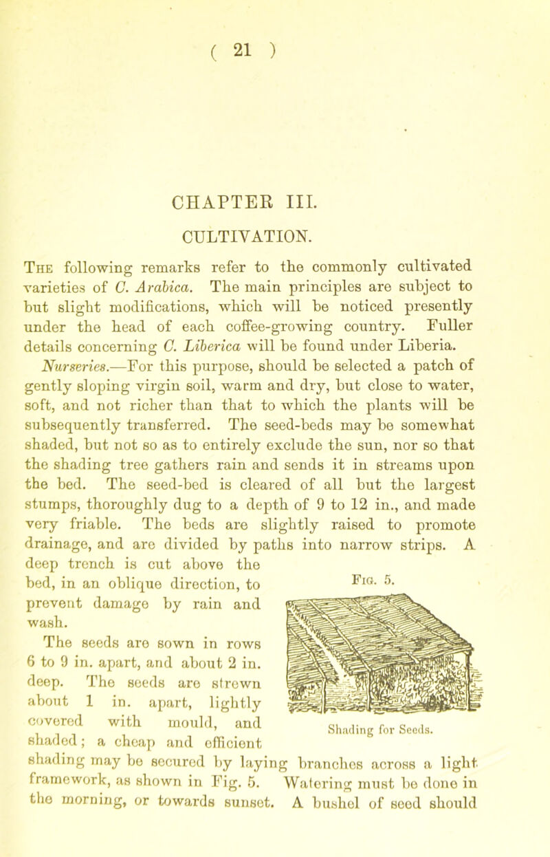 CHAPTER III. CULTIVATION. The following remarks refer to the commonly cultivated varieties of C. Arabica. The main principles are subject to but slight modifications, which will be noticed presently under the head of each coffee-growing country. Fuller details concerning G. Liberica will be found under Liberia. Nurseries.—For this purpose, should be selected a patch of gently sloping virgin soil, warm and dry, but close to water, soft, and not richer than that to which the plants will be subsequently transferred. The seed-beds may be somewhat shaded, but not so as to entirely exclude the sun, nor so that the shading tree gathers rain and sends it in streams upon the bed. The seed-bed is cleared of all but the largest stumps, thoroughly dug to a depth of 9 to 12 in., and made very friable. The beds are slightly raised to promote drainage, and are divided by paths into narrow strips. A deep trench is cut above the bed, in an oblique direction, to prevent damage by rain and wash. The seeds are sown in rows 6 to 9 in. apart, and about 2 in. deep. The seeds are strewn about 1 in. apart, lightly covered with mould, and shaded; a cheap and efficient shading may be secured by laying branchos across a light framework, as shown in Fig. 5. Watering must be done in the morning, or towards sunset. A bushel of sood should Fig. 5. Shading for Seeds.