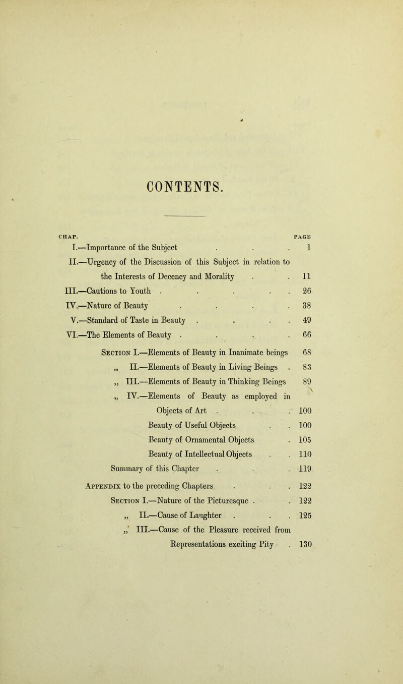 CONTENTS. CHAP. PAGE I.—Importance of the Subject . .1 II.—Urgency of the Discussion of this Subject in relation to the Interests of Decency and Morality . .11 III. —Cautions to Youth . . ... 26 IV. ;—Nature of Beauty . . .38 V.—Standard of Taste in Beauty . . 49 VI.—The Elements of Beauty . . . .66 Section I.—Elements of Beauty in Inanimate beings 68 „ II.—Elements of Beauty in Living Beings . 83 „ III.—Elements of Beauty in Thinking Beings 89 v „ IV.—Elements of Beauty as employed in Objects of Art . . 100 Beauty of Useful Objects . . 100 Beauty of Ornamental Objects . 105 Beauty of Intellectual Objects 110 Summary of this Chapter . .119 Appendix to the preceding Chapters . . . 122 Section I.—Nature of the Picturesque . . 122 „ II.—Cause of Laughter . . . 125 III.—Cause of the Pleasure received from Representations exciting Pity . 130