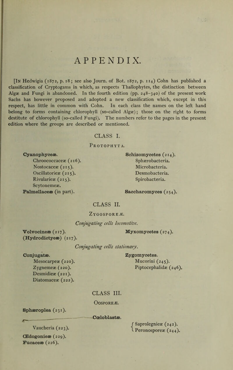 APPENDIX. [In Hedwigia (1872, p. 18 ; see also Journ. of Bot. 1872, p. 114) Cohn has published a classification of Cryptogams in which, as respects Thallophytes, the distinction between Algae and Fungi is abandoned. In the fourth edition (pp. 248-340) of the present work Sachs has however proposed and adopted a new classification which, except in this respect, has little in common with Cohn. In each class the names on the left hand belong to forms containing chlorophyll (so-called Algae); those on the right to forms destitute of chlorophyll (so-called Fungi). The numbers refer to the pages in the present edition where the groups are described or mentioned. CLASS I. Protophyta. CyanophycesB. Chroococcaceae (216). Nostocaceae (215). Oscillatorieae (215). Rivularieae (215). Scytonemeae. Schizomycetes (214). Sphaerobacteria. Microbacteria. Desmobacteria. Spirobacteria. PalmellaceBB (in part). Saceharomyces (254). CLASS II. Zygospore.®. Conjugating cells locomotive. VolvoeinesB (217). (Hydrodietyeae) (217). Myxomycetes (274). Conjugating cells stationary. Conjugatae. Mesocarpeae (220). Zygnemeae (220). Desmidieae (221). Diatomaceae (222). Zygomycetes. Mucorini (245). Piptocephalidae (246). CLASS III. Oospore.®. Sphesroplea (231). /r Vaucheria (223). CEdogonieaB (229). Pucaceas (226). - Cmloblastae. f Saprolegnieae (242). L Peronosporeae (244).
