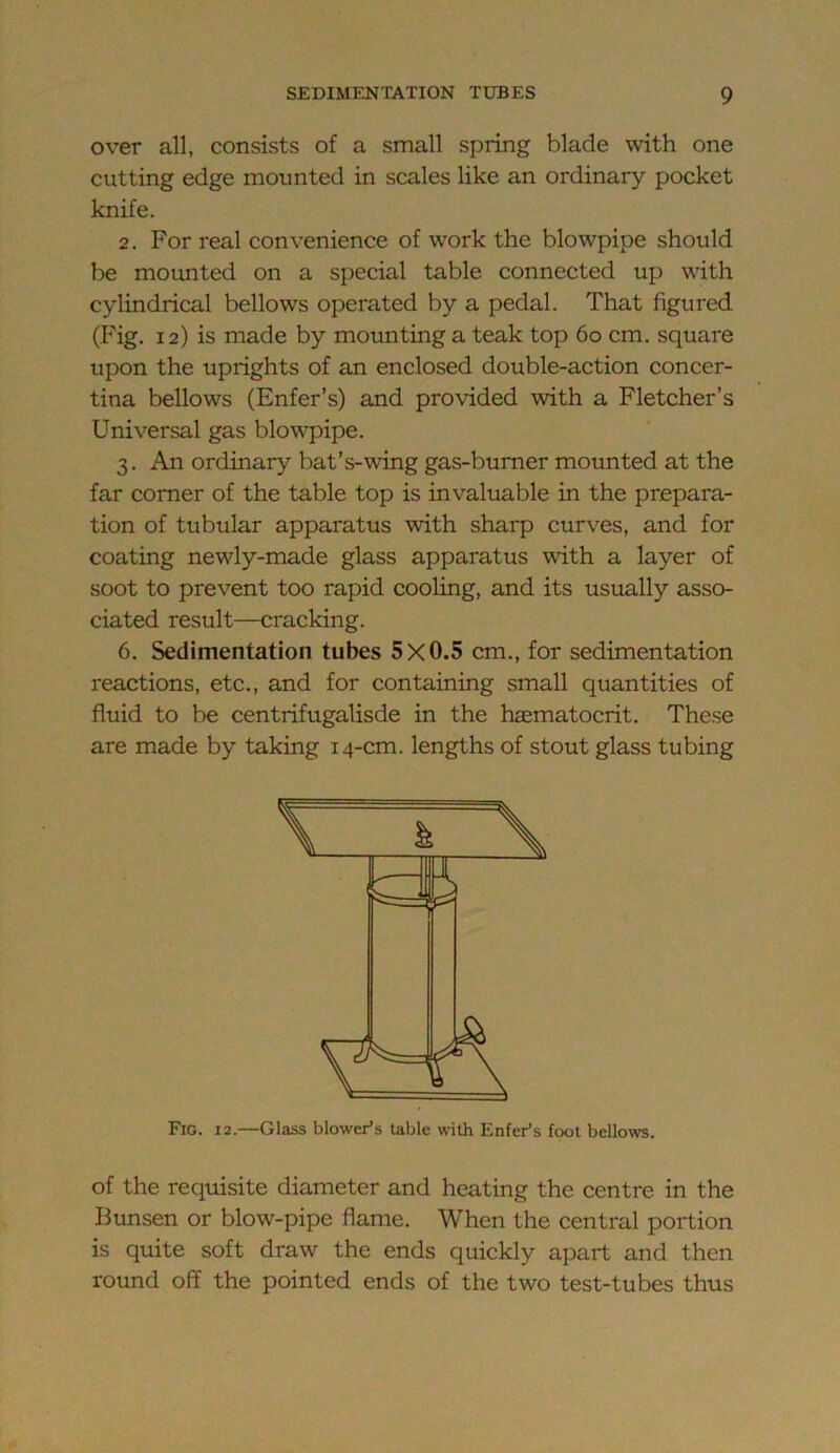 over all, consists of a small spring blade with one cutting edge mounted in scales like an ordinary pocket knife. 2. For real convenience of work the blowpipe should be mounted on a special table connected up with cylindrical bellows operated by a pedal. That figured (Fig. 12) is made by mounting a teak top 60 cm. square upon the uprights of an enclosed double-action concer- tina bellows (Enfer’s) and provided with a Fletcher’s Universal gas blowpipe. 3. An ordinary bat’s-wing gas-burner mounted at the far comer of the table top is invaluable in the prepara- tion of tubular apparatus with sharp curves, and for coating newly-made glass apparatus with a layer of soot to prevent too rapid cooling, and its usually asso- ciated result—cracking. 6. Sedimentation tubes 5X0.5 cm., for sedimentation reactions, etc., and for containing small quantities of fluid to be centrifugalisde in the haematocrit. These are made by taking 14-cm. lengths of stout glass tubing Fig. 12.—Glass blower’s table with Enfer’s foot bellows. of the requisite diameter and heating the centre in the Bunsen or blow-pipe flame. When the central portion is quite soft draw the ends quickly apart and then round off the pointed ends of the two test-tubes thus