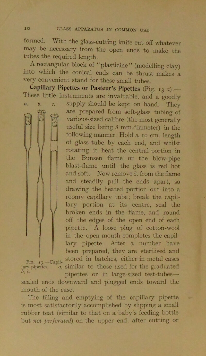 formed. With the glass-cutting knife cut off whatever may be necessary from the open ends to make the tubes the required length. A rectangular block of “plasticine” (modelling clay) into which the conical ends can be thrust makes a \'ery convenient stand for these small tubes. Capillary Pipettes or Pasteur’s Pipettes (Fig. 13 a).— These little instruments are invaluable, and a goodly supply should be kept on hand. They are prepared from soft-glass tubing of various-sized calibre (the most generally useful size being 8 mm.diameter) in the following manner: Hold a 10 cm. length of glass tube by each end, and whilst rotating it heat the central portion in the Bunsen flame or the blow-pipe blast-flame until the glass is red hot and soft. Now remove it from the flame and steadily pull the ends apart, so drawing the heated portion out into a roomy capillary tube; break the capil- lary portion at its centre, seal the broken ends in the flame, and round off the edges of the open end of each pipette. A loose plug of cotton-wool in the open mouth completes the capil- lary pipette. After a number have been prepared, they are sterilised and _ stored in batches, either in metal cases lar}' pipettes. a, similar to those used for the graduated pipettes or in large-sized test-tubes— sealed ends downward and plugged ends toward the mouth of the case. The filling and emptying of the capillary pipette is most satisfactorily accomplished by slipping a small rubber teat (similar to that on a baby’s feeding bottle but not perforated) on the upper end, after cutting or