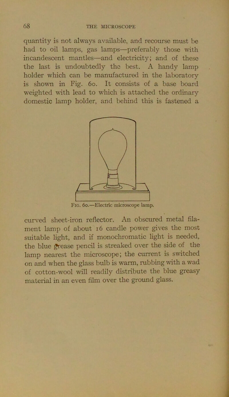 quantity is not always available, and recourse must be had to oil lamps, gas lamps—preferably those with incandescent mantles—and electricity; and of these the last is undoubtedly the best. A handy lamp holder which can be manufactured in the laboratory is shown in Fig. 6o. It consists of a base board weighted with lead to which is attached the ordinary domestic lamp holder, and behind this is fastened a Fig. 6o.—Electric microscope lamp. curved sheet-iron reflector. An obscured metal fila- ment lamp of about i6 candle power gives the most suitable light, and if monochromatic light is needed, the blue ^ease pencil is streaked over the side of the lamp nearest the microscope; the current is switched on and when the glass bulb is warm, rubbing with a wad of cotton-wool will readily distribute the blue greasy material in an even film over the groimd glass.