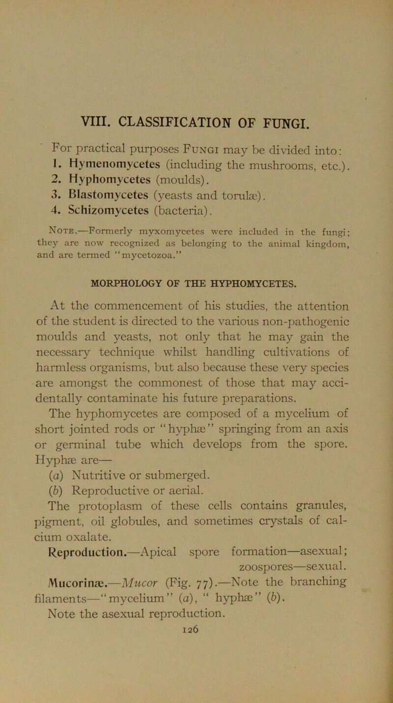 VIII. CLASSIFICATION OF FUNGI. For practical purposes Fungi may be divided into: 1. Hymenomycetes (including the mushrooms, etc.). 2. Hyphomycetes (moulds). 3. Blastomycetes (yeasts and torula,'). 4. Schizomycetes (bacteria). Note.—Formerly myxomycetes were included in the fungi; they are now recognized as belonging to the animal kingdom, and are termed “mycetozoa.” MORPHOLOGY OF THE HYPHOMYCETES. At the commencement of his studies, the attention of the student is directed to the various non-pathogenic moulds and yeasts, not only that he may gain the necessary technique whilst handling cultivations of harmless organisms, but also because these very species are amongst the commonest of those that may acci- dentally contaminate his future preparations. The hyphomycetes are composed of a mycelium of short jointed rods or “hyphas” springing from an axis or germinal tube which develops from the spore. Hyphae are— (a) Nutritive or submerged. (b) Reproductive or aerial. The protoplasm of these cells contains granules, pigment, oil globules, and sometimes crystals of cal- cium oxalate. Reproduction.—Apical spore formation—asexual; zoospores—sexual. Mucorinae.—Mucor (Fig. 77).—Note the branching filaments—“mycelium” (a), “ hyphas” (6). Note the asexual reproduction.