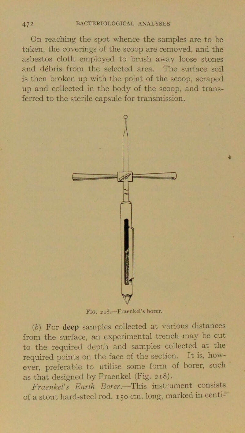 On reaching the spot whence the samples are to be taken, the coverings of the scoop are removed, and the asbestos cloth employed to brush away loose stones and debris from the selected area. The surface soil is then broken up with the point of the scoop, scraped up and collected in the body of the scoop, and trans- ferred to the sterile capsule for transmission. Fig. 2i8.—Fraenkel’s borer. (b) For deep samples collected at various distances from the surface, an experimental trench may be cut to the required depth and samples collected at the required points on the face of the section. It is, how- ever, preferable to utilise some form of borer, such as that designed by Fraenkel (Fig. 218). FraenkeVs Earth Borer.—This instrument consists of a stout hard-steel rod, 150 cm. long, marked in centi-