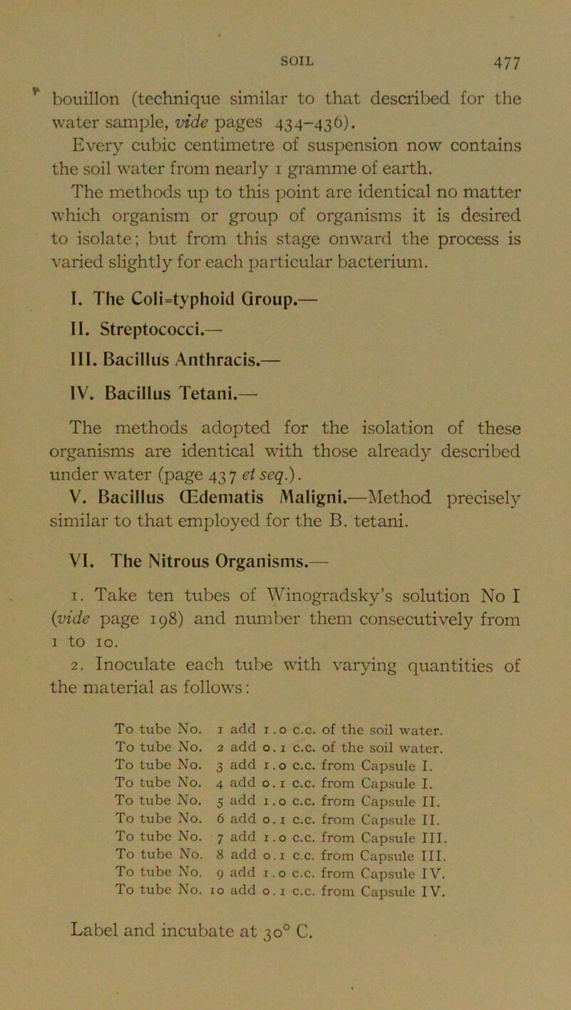 bouillon (technique similar to that described for the water sample, vide pages 434-436). Ever}’- cubic centimetre of suspension now contains the soil water from nearly i gramme of earth. The methods up to this point are identical no matter which organism or group of organisms it is desired to isolate; but from this stage onward the process is varied slightly for each particular bacterium. I. The Coli=typhoid Group.— II. Streptococci.— III. Bacillus Anthracis.— IV. Bacillus Tetani.— The methods adopted for the isolation of these organisms are identical with those already described under water (page 43 7 et seq.). V. Bacillus (Edematis Maligni.—l\Iethod precisely similar to that employed for the B. tetani. VI. The Nitrous Organisms.— 1. Take ten tubes of Winogradsky’s solution No I {vide page 198) and number them consecutively from 1 to 10. 2. Inoculate each tube with varying quantities of the material as follows: To tube No. i add i .0 c.c. of the soil water. To tube No. 2 add o. i c.c. of the soil water. To tube No. 3 add i.o c.c. from Capsule I. To tube No. 4 add o.i c.c. from Capsule I. To tube No. 5 add i.o c.c. from Capsule II. To tube No. 6 add o. 1 c.c. from Capsule II. To tube No. 7 add 1.0 c.c. from Capsule III. To tube No. 8 add o.i c.c. from Capsule III. To tube No. q add r.o c.c. from Capsule IV. To tube No. 10 add o. i c.c. from Capsule IV. Label and incubate at 30° C.