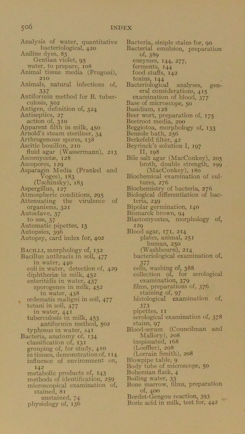 Analysis of water, quantitative bacteriological, 420 Aniline dyes, 83 Gentian violet, 95 water, to prepare, 108 Animal tissue media (Frugoni), 210 Animals, natural infections of. 337 Antiformin method for B. tuber- culosis, 502 Antigen, definition of, 324 Antiseptics, 27 action of, 310 Apparent filth in milk, 450 Arnold’s steam steriliser, 34 Arthrogenous spores, 138 Ascitic bouillon, 210 fluid agar (Wasscrmann), 213 Ascomycetae, 128 Ascopores, 129 Asparagin Media (Frankel and Voges), 183 (Uschinsky), 183 Aspergillus, 127 Atmospheric conditions, 295 Attenuating the virulence of organisms, 321 Autoclave, 37 to use, 37 Automatic pipettes, 13 Autopsies, 396 Autopsy, card index for, 402 Bacilli, morphology of, 132 Bacillus anthracis in soil, 477 in water, 440 coli in water, detection of, 429 diphtherias in milk, 452 enteritidis in water, 437 sporogenes in milk, 452 in water, 438 , ocdematis maligni in soil, 477 tetani in soil, 477 in water, 441 tuberculosis in milk, 453 antiformin method, 502 typhosus in water, .141 Bacteria, anatomy of, 134 classification of, 131 grouping of, for study, 410 in tissues, demonstration of, 114 influence of environment on, 142 metabolic products of, 143 methods of identification, 259 microscopical examination of, stained, 81 unstained, 74 physiology of, 136 Bacteria, simple stains for, 90 Bacterial emulsion, preparation of, 389 enzymes, 144, 277, ferments, 144 food stuffs, 142 toxins, ii|.4 Bacteriological analyses, gen- eral considerations, 415 examination of blood, 377 Base of microscope, 50 Basidium, 128 Beer wort, preparation of, 175 Beetroot media, 200 Beggiotoa, morphology of, 133 Benzole bath, 256 Berkefeld filter, 42 Beyrinck’s solution I, 197 II, 198 Bile salt agar (MacConkey), 205 broth, double strength, 199 (MacConkey), 180 Biochemical examination of cul- tures, 276 Biochemistry of bacteria, 276 Biological differentiation of bac- teria, 249 Bipolar germination, 140 Bismarck brown, 94 Blastomycetes, morphology of, 129 Blood agar, 171, 214 plates, animal, 251 human, 250 (Washbourn), 214 bacteriological examination of, cells, washing of, 388 collection of, for serological examination, 379 films, preparations of, 376 staining of, 97 histological examination of, .373 pipettes, II serological examination of, 378 stains, 97 Blood-serum (Councilman and Mallory), 208 inspissated, 168 (Loefffer), 208 (Lorrain Smith), 208 Blowpipe table, 9 Body tube of microscope, 50 Bohemian flask, 4 Boiling water, 33 Bone marrow, films, preparation of, 400 Bordet-Gengou reaction, 393 Boric acid in milk, test for, 442