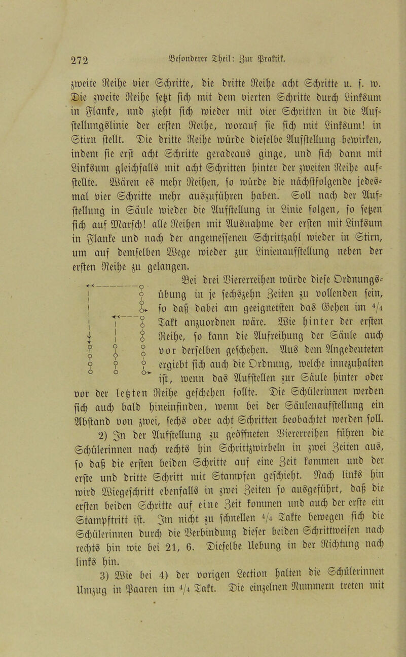 jmeite Uteihc Oier ©dritte, bie britte O^eit^c ad)t ©dritte u. f. m. Die jmeite Diei(;c fetjt fid) mit bem oierten ©Hritte burd; ßinfgutn in $(anfe, unb jic()t ftd) mieber mit oier ©djritten in bie QXuf= ftellungglinie ber erften 9fcil;c, morauf fte ftH mit öinfgum! in ©tim [teilt. Die britte 9fcil;e mürbe biefelbe Aufhellung bemirfcit, inbent fie erft ad)t ©d;ritte gerabeaug ginge, unb ftd) bann mit ßinfgitm gleid;fatlg mit ad;t ©djritten hinter ber jmeiten 9teil;e auf' [teilte. Vöären eg ntel;r 9feil;en, [o mürbe bie itäHhfolgcitbe jcbeg= mal oier ©Hritte mehr aug$ufül;ren l) ab eit. ©oll nad; ber Auf= jtetlung in ©ättle mieber bie Aufhellung in Sinie folgen, [o feijen ftd; aufültarfd)! alle 9fei[;en mit Augnahme ber erften mit öinfgum in $lanfe unb nad; ber angemeffenen ©dfrittjapl mieber in ©tim, um auf bemfclben Vßege mieber jur Öiniettaufftellung neben ber erften 9teil;c ju gelangen. 93ei brei Viererreihen mürbe biefe Drbnmtgg' o Übung in je fed;gjel;n Seiten jtt üoUenben fein, ] 6* fo baf babei am geeignetften bag Ocfjen im 4/4 { T 6 Daft anjuorbnen märe. Vßie hinter ber erften j | § 9feil;e, fo fann bie Aufreihung ber ©ättle aud; ? § oor berfelben gefd;ct;en. Attg bem Angebeuteten ? ? ? ergiebt ftH and; bie Drbnung, meld;e innejuhalten ift, memt bag Aufftellen jur ©äule hinter ober oor ber lebten 9M;e gefd;el;en follte. Die ©Hüterinnen merben ftd; and; halb hincinfinben, menn bei ber ©äulenaufftellung ein Abftanb üon §mei, fed)§ ober adit ©dritten beobaHtet merben foll. 2) 3n ber Aufhellung ju geöffneten Viererreihen führen bie ©Hüterinnen nad; rcHtö lnu ©Hrittjmirbeln in jmei Seiten aug, fo baf bie erften beiben ©Hritte auf eine Seit tommen unb ber erfte unb britte ©d;ritt mit ©tampfen gefd;icl;t. Vad; linfg Ihn mirb 2ßiegefd;ritt ebenfallg in jmei Seiten fo auggefiihrt, baf; bie erften beiben ©Hritte auf eine Seit fontmen unb auH ber erfte ein ©tampftritt ift. 3m nid;t ju fd;nellen 4/4 Safte bemegen fiH bie ©Hüterinnen burd; bie Verbinbung biefer beiben ©d;rittmeifcit nad; reHtg l;in mie bei 21, 6. Dic.fclbe Hebung in ber 9iid;tung nad) linfg f)in- 3) 2öie bei 4) ber oorigen Öection hnttcn bie ©Hüterinnen Untjug in paaren int 4/4 Saft. Die einzelnen Vttmmern treten mit