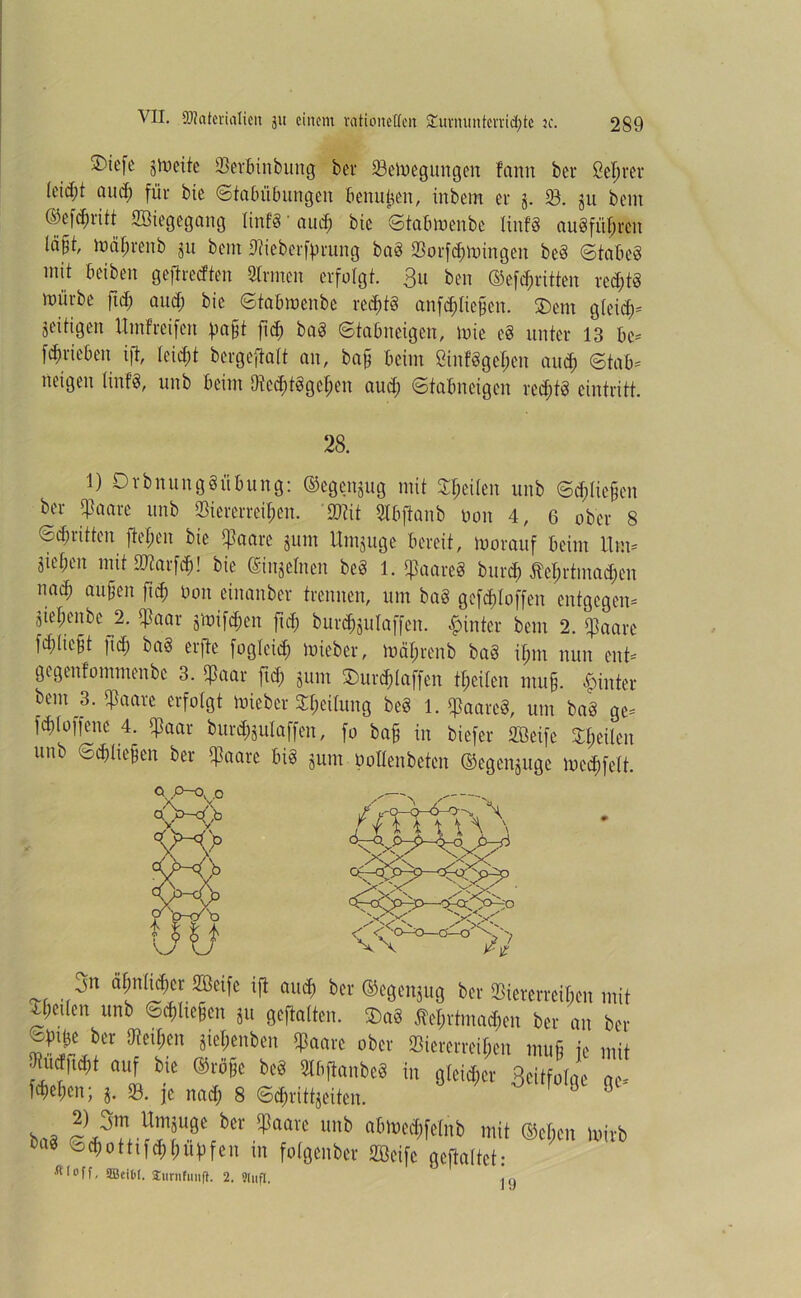 ^iefe jmeite Verbinbung bet* ^Bewegungen fanit bei* ßehrer (cid;t and; für bie ©tabtibungen benutzen, inbem er j. V. ju bem ©efdiritt SBiegegang linfd' and; bie ©tabmenbe linfd au§füf;t*cn lä§t, wä^renb ju bem Vieberfprung bad Vorahnungen bed ©tabed mit beiben gefbreeften Sinnen erfolgt. 3u ben ©efepritten redjtd mürbe ftd; and; bie ©tabmenbe reeptd anftipliejjen. 2)ent gleid;- zeitigen Umfreifen pagt fiep bad ©tabneigen, mie ed unter 13 bc- Trieben ift, leidet bergeftalt an, ba§ beim ßtnfdgepen and; ©tab- neigen tinfd, unb beim Otedjtdgcpen aud; ©tabneigen red)td eintritt. l) Drbnungditbung: ©egenjug mit feilen unb ©cpliehen ber paare unb Viererreihen. SD?it SIbftanb non 4, 6 ober 8 ©dmtten fiepen bie «Paare jum Untjuge bereit, morauf beim 11 m- 3iel;en mit Vtarfcp! bie ©njelnen bed 1. «paared burep Äeprtmad;en nach Außen fiep bon einanber trennen, um bad gefcploffen entgegen- giehenbe 2. «paar jmifepen ftd) burcpjulaffen. hinter bem 2. «paare fehheht fid) bad erfte fogteiep mieber, mdhrenb bad ihm nun ent- gegettfontmenbe 3. fßaar ftd; jum SDurcpIaffen theilen muff. hinter bem 3. «Paare erfolgt mieber Speitung bed 1. «paared, um bad ge- fchloffene 4. «Paar burc^ulaffen, fo baff in biefer 2öeife STheilcn unb ©cpltefjen ber «paare lud junt oollenbeten ©egenjuge mecpfelt. 3n ahn(td)cr «Keife ift and) ber ©egenjug ber Viererreihen mit tfmlcn unb ©epheien ju gepalten. 2)ad Mtrtmadmn w m, s„. 28. O P—Ov o 2) 3m Umjuge ber «paare unb abmecpfelnb mit bag ®3>ottifcppüpfen in folgenber «Keife gcpaltct: 2) 3m Umjugc ber «paare unb abmecpfelnb mit ©epen mirb 19