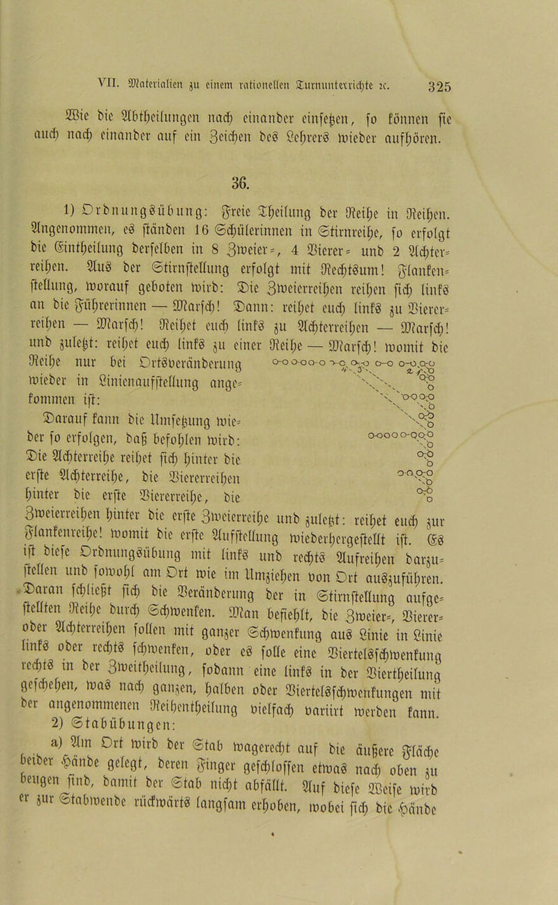 3Btc bie Abtheilungen nad; cinanber einfe^en, fo tonnen fic aud) nach cinanber auf ein S^tcEicn beg öchrerg mieber aufhören. 36. 0-0 0-0 0-0 0—0 O.rO 0-0 0-0 0-0 2, >00 's ''s cro X ''' O ''s ''0-0 0;0 ''s O 's. o.-b x ö 0-000 O-QCfÖ X'O 0;b b o-a o-o 'sb 07Ö o 1) Drbnunggubung: ftreie Teilung ber Oteihe in Dicif;cn. Angenommen, eg ftänben 16 ©d;tilerinnen in ©tirnreif)e, fo erfolgt bie Sinti)eitung berfelben in 8 3meier = , 4 Vierer* unb 2 Achter* reifen. Aug ber ©tirnftellung erfolgt mit Otechtgum! planten* ftetlung, morauf geboten mirb: Oie 3^eicrrcil;en reifen ftd; Iinfg an bie Nigrerinnen — lütarfd;! 2)ann: reifet euef; Iinfg gu Vierer- reihen — fötarfd)! 9ieii;et euch Iinfg ju Achterreihen — fDtarfd)! unb jule&t: reifet eud) Iinfg ju einer Oteit;e — Viarfd)! momit bie Otei^e nur bei Orfgoeränberung mieber in ßinienaufjTeUung angc- fommen ift: darauf tarnt bie llmfeijung mie* ber fo erfolgen, ba§ befohlen mirb: 3)ie Achterreihe reihet ftd; hinter bie erfie Achterreihe, bie Viererreihen hinter bie erfte Viererreihe, bie Bmeierreihen hinter bie erfte 3meierreihe unb julettt: reihet euch jur Säulenreihe! momit bie erfte Aufhellung mieberhergeftellt ift. Sg t|l btefc Drbnunggubung mit iinfg unb redjtg Aufreihen barju* jteüen unb fomoht am Ort mie im Umziehen Don Ort au&uführen. Oaran fehheit ftch bie Veränberung ber in ©tirnftellung aufgc* fteltten 9fetf)c buref) ©djmenfen. Vian befiehlt, bie 3meier*, Vierer* ober Ad;terreihen fotten mit ganzer ©d;menfung aug ßinie in ßinie hnfg ober recfjtg fchmenfen, ober eg fotle eine Viertetgf^menfunq re^tS m ber Bmetthcilung, fobann eine Iinfg in ber Viertheilung gefächen, mag nad; ganzen, halben ober Viertelgfdjmenfungen mit ber angenommenen Heihentheilung oielfad) oariirt »erben tann 2) ©tabübungen: alrä(l 0rt Wirt ber ©tob toageredit auf bie äufjevc gtäcbe bnber $anbe gefegt, bereu Singer gesoffen etwa« nad; oben ja beugen finb, bomit ber Stab nidjt abfäflt. Stuf biefe ÜBcife wirb er jut ©tabraenbe nictrocirta [angfam erhoben, wobei fid> bie 4>änbe