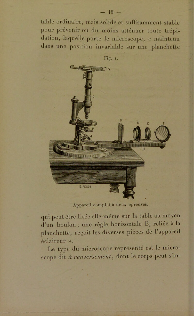 table ordinaire, mais solide et suffisamment stable pour prévenir ou du moins atténuer toute trépi- dation, laquelle porte le microscope, « maintenu dans une position invariable sur une planchette Fig. I. Appareil complet h deux épreuves. qui peut être fixée elle-même sur la table au moyen d’un boulon ; une règle horizontale B, reliée à la planchette, reçoit les diverses pièces de l’appareil éclaireur ». Le type du microscope représenté est le micro- scope dit à renversement, dont le corps peut s in- V