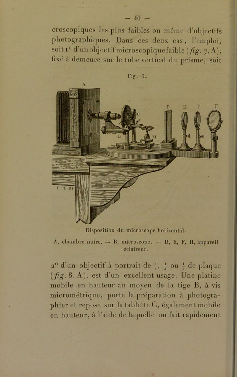 croscopiques les plus faibles ou môme d’objeclifs pholographiques. Dans ces deux cas, l’emploi, soit i d’unobjecllfmicroscopiquefaible [fig- 7. A), fixé à demeure sur le Lube verlical du prisme, soit Fig. 6. A Disposition du microscope horizontal. A, chambre noire. — R, microscope. — D, E, F, H, appareil éclaireur. 2” d’un objectif à portrait de 7 ou 4 de plaque fig. 8, A), est d’un excellent usage. Une platine mobile en hauteur au moyen de la tige B, à vis micrométrique, porte la préparation à photogra- phier et repose sur la tablette G, également mobile en hauteur, à l’aide de laquelle on fait rapidement