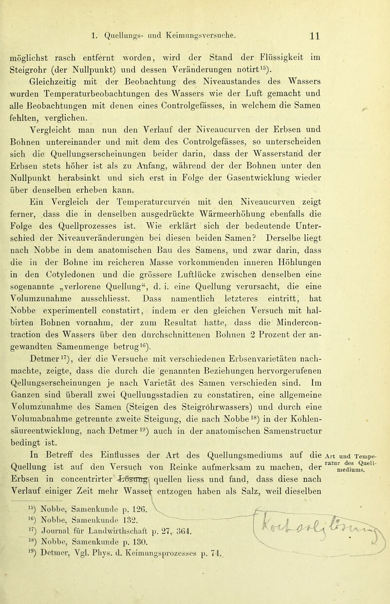 möglichst rasch entfernt worden, wird der Stand der Flüssigkeit im Steigrohr (der Nullpunkt) und dessen Veränderungen notirt15). Gleichzeitig mit der Beobachtung des Niveaustandes des Wassers wurden Temperaturbeobachtungen des Wassers wie der Luft gemacht und alle Beobachtungen mit denen eines Controlgefässes, in welchem die Samen fehlten, verglichen. Vergleicht man nun den Verlauf der Niveaucurven der Erbsen und Bohnen untereinander und mit dem des Controlgefässes, so unterscheiden sich die Quellungserscheinungen beider darin, dass der Wasserstand der Erbsen stets höher ist als zu Anfang, während der der Bohnen unter den Nullpunkt herabsinkt und sich erst in Folge der Gasentwicklung wieder über denselben erheben kann. Ein Vergleich der Temperaturcurven mit den Niveaucurven zeigt ferner, dass die in denselben ausgedrückte AVärmeerhöhung ebenfalls die Folge des Quellprozesses ist. Wie erklärt sich der bedeutende Unter- schied der Niveauveränderungen bei diesen beiden Samen? Derselbe liegt nach Nobbe in dem anatomischen Bau des Samens, und zwar darin, dass die in der Bohne im reicheren Masse vorkommenden inneren Höhlungen in den Cotyledonen und die grössere Luftlücke zwischen denselben eine sogenannte „verlorene Quellung“, d. i. eine Quellung verursacht, die eine Volumzunahme ausscliliesst. Dass namentlich letzteres eintritt, hat Nobbe experimentell constatirt, indem er den gleichen Versuch mit hal- birten Bohnen vornahm, der zum Resultat hatte, dass die Mindercon- traction des Wassers über den durchschnittenen Bohnen 2 Prozent der an- gewandten Samenmenge betrug16). Detmer17), der die Versuche mit verschiedenen Erbsen Varietäten nach- machte, zeigte, dass die durch die genannten Beziehungen hervorgerufenen Qelluugserscheinungen je nach Varietät des Samen verschieden sind. Im Ganzen sind überall zwei Quellungsstadien zu constatiren, eine allgemeine Volumzunahme des Samen (Steigen des Steigröhrwassers) und durch eine Volumabnahme getrennte zweite Steigung, die nach Nobbe18) in der Kohlen- säureentwicklung, nach Detmer19) auch in der anatomischen Samenstructur bedingt ist. In Betreff des Einflusses der Art des Quellungsmediums auf die Art und Tempe- Quellung ist auf den Versuch von Reinke aufmerksam zu machen, der iat”LedUirosUeU Erbsen in concentrirter -Lösixugi quellen liess und fand, dass diese nach Verlauf einiger Zeit mehr Wasser entzogen haben als Salz, weil dieselben 15) Nobbe, Samenkunde p. 126. 16) Nobbe, Samenkunde 132. 17) Journal für Landwirtschaft p. 27, 364. 18) Nobbe, Samenkunde p. 130. 19) Detmer, Vgl. Phys. d. Keimungsprozesses p. 74, O'^^La,