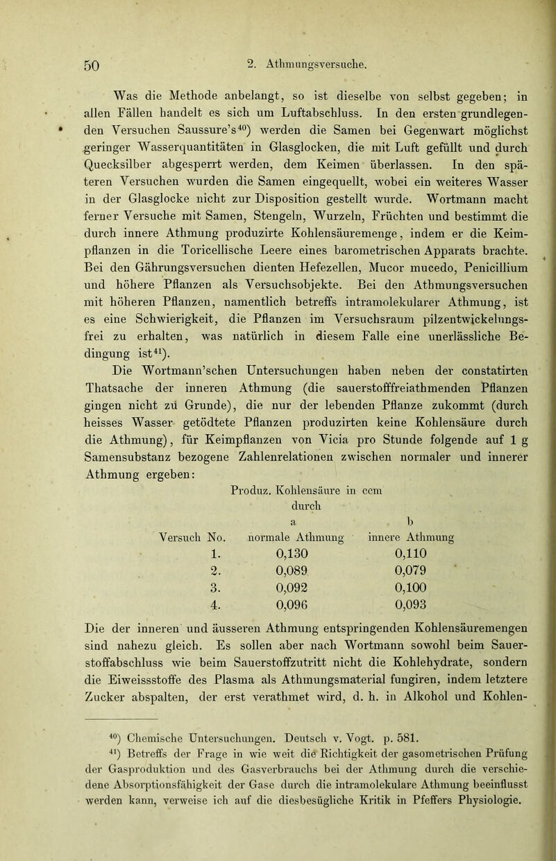 Was die Methode anbelangt, so ist dieselbe von selbst gegeben; in allen Fällen handelt es sich um Luftabschluss. In den ersten grundlegen- den Versuchen Saussure’s40) werden die Samen bei Gegenwart möglichst geringer Wasserquantitäten in Glasglocken, die mit Luft gefüllt und durch Quecksilber abgesperrt werden, dem Keimen überlassen. In den spä- teren Versuchen wurden die Samen eingequellt, wobei ein weiteres Wasser in der Glasglocke nicht zur Disposition gestellt wurde. Wortmann macht ferner Versuche mit Samen, Stengeln, Wurzeln, Früchten und bestimmt die durch innere Athmung produzirte Kohlensäuremenge, indem er die Keim- pflanzen in die Toricellische Leere eines barometrischen Apparats brachte. Bei den Gährungsversuchen dienten Hefezellen, Mucor mucedo, Penicillium und höhere Pflanzen als Versuchsobjekte. Bei den Athmungsversuchen mit höheren Pflanzen, namentlich betreffs intramolekularer Athmung, ist es eine Schwierigkeit, die Pflanzen im Versuchsraum pilzentwickelungs- frei zu erhalten, was natürlich in diesem Falle eine unerlässliche Be- dingung ist41). Die Wortmann’schen Untersuchungen haben neben der constatirten Thatsache der inneren Athmung (die sauerstofffreiathmenden Pflanzen gingen nicht zu Grunde), die nur der lebenden Pflanze zukommt (durch heisses Wasser getödtete Pflanzen produzirten keine Kohlensäure durch die Athmung), für Keimpflanzen von Vicia pro Stunde folgende auf 1 g Samensubstanz bezogene Zahlenrelationen zwischen normaler und innerer Athmung ergeben: Produz. Kohlensäure in ccm durch a b Versuch No. normale Athmung innere Athmung 1. 0,130 0,110 2. 0,089 0,079 3. 0,092 0,100 4. 0,096 0,093 Die der inneren und äusseren Athmung entspringenden Kohlensäuremengen sind nahezu gleich. Es sollen aber nach Wortmann sowohl beim Sauer- stoffabschluss wie beim Sauerstoffzutritt nicht die Kohlehydrate, sondern die Eiweissstoffe des Plasma als Athmungsmaterial fungiren, indem letztere Zucker abspalten, der erst verathmet wird, d. h. in Alkohol und Kohlen- 40) Chemische Untersuchungen. Deutsch v. Vogt. p. 581. 41) Betreffs der Frage in wie weit die Richtigkeit der gasometrischen Prüfung der Gasproduktion und des Gasverbrauchs bei der Athmung durch die verschie- dene Absorptionsfähigkeit der Gase durch die intramolekulare Athmung beeinflusst werden kann, verweise ich auf die diesbesügliche Kritik in Pfeifers Physiologie.