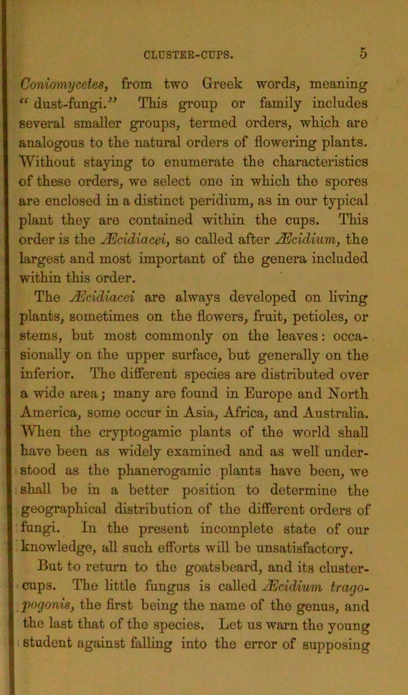 Coniomycetes, from two Greek words, meaning “ dust-fungi.” This group or family includes several smaller groups, termed orders, which are analogous to the natural orders of flowering plants. Without staying to enumerate the characteristics of these orders, we select one in which the spores are enclosed in a distinct peridium, as in our typical plant they are contained within the cups. This order is the JEeidiacei, so called after JEcldium, the largest and most important of the genera included within this order. The JEddiacci are always developed on living plants, sometimes on the flowers, fruit, petioles, or stems, but most commonly on the leaves: occa- sionally on the upper surface, but generally on the inferior. The different species are distributed over a wide area; many are found in Europe and North America, some occur in Asia, Africa, and Australia. When the cryptogamic plants of the world shall have been as widely examined and as well under- stood as the phanerogamic plants have been, we shall be in a better position to determine the geographical distribution of the different orders of fungi. In the present incomplete state of our knowledge, all such efforts will be unsatisfactory. But to return to the goatsbeard, and its cluster- cups. The little fungus is called JEcidium trago- pogonis, the first being the name of the genus, and the last that of the species. Let us warn the young student against falling into the error of supposing