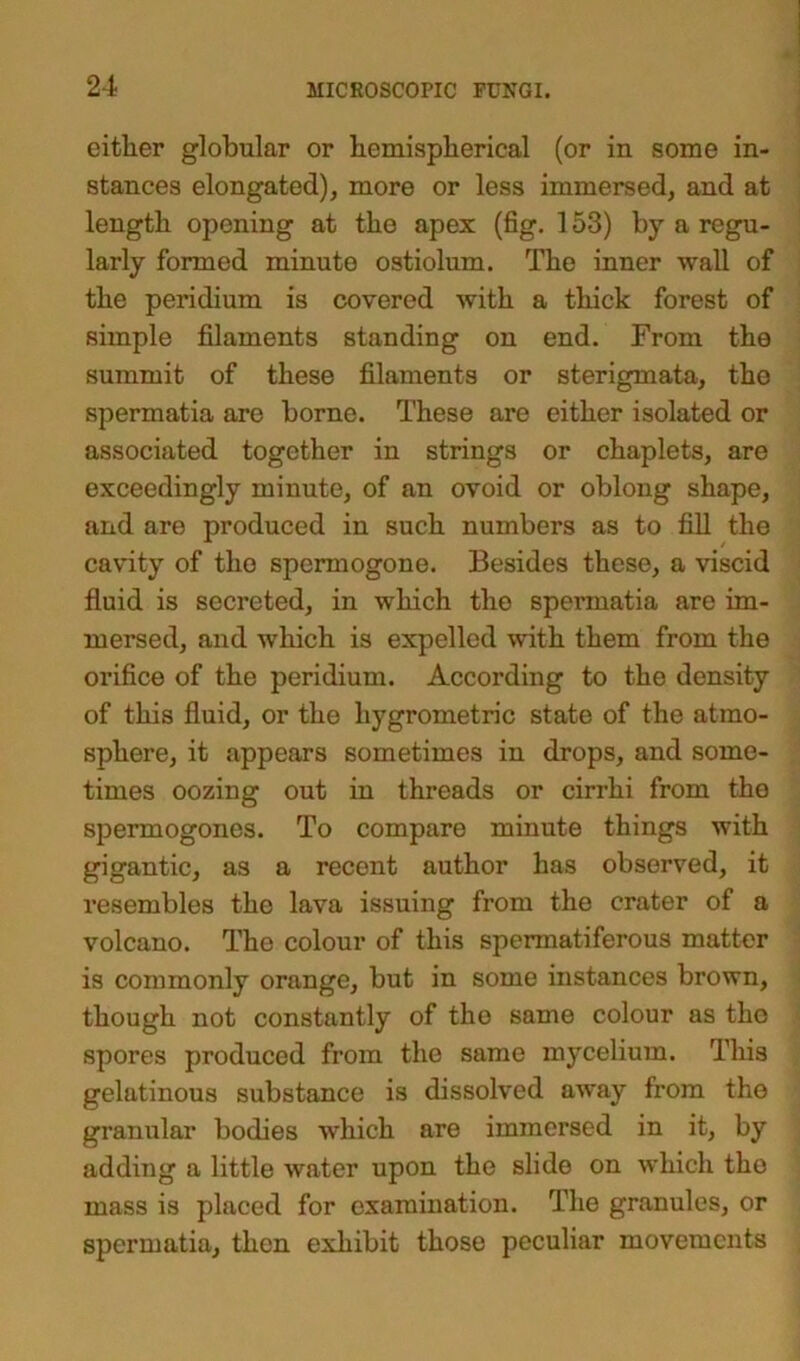 either globular or hemispherical (or in some in- stances elongated), more or less immersed, and at length opening at the apex (fig. 153) by a regu- larly formed minute ostiolum. The inner -wall of the peridium is covered with a thick forest of simple filaments standing on end. From the summit of these filaments or sterigmata, the spermatia are borne. These are either isolated or associated together in strings or chaplets, are exceedingly minute, of an ovoid or oblong shape, and are produced in such numbers as to fill the cavity of the spermogone. Besides these, a viscid fluid is secreted, in which the spermatia are im- mersed, and which is expelled with them from the orifice of the peridium. According to the density of this fluid, or the liygrometric state of the atmo- sphere, it appears sometimes in drops, and some- times oozing out in threads or cirrhi from the spermogones. To compare minute things with gigantic, as a recent author has observed, it resembles the lava issuing from the crater of a volcano. The colour of this spermatiferous matter is commonly orange, but in some instances brown, though not constantly of the same colour as the spores produced from the same mycelium. This gelatinous substance is dissolved away from the granular bodies which are immersed in it, by adding a little water upon the slide on which tho mass is placed for examination. The granules, or spermatia, then exhibit those peculiar movements