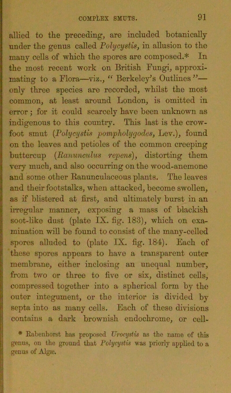 allied to the preceding, are included botanically under the genus called Polycystis, in allusion to the many cells of which the spores are composed.* In the most recent work on British Fungi, approxi- mating to a Flora—viz., “ Berkeley's Outlines— only three species are recorded, whilst the most common, at least around London, is omitted in error; for it could scarcely have been unknown as indigenous to this country. This last is the crow- foot smut (Poly cyst is pompholygodes, Lev.), found on the leaves and petioles of the common creeping buttercup (Ranunculus repens), distorting them very much, and also occurring on the wood-anemone and some other Ranunculaceous plants. The leaves and their footstalks, when attacked, become swollen, as if blistered at first, and ultimately burst in an irregular manner, exposing a mass of blackish soot-like dust (plate IX. fig. 183), which on exa- mination will be found to consist of the many-celled spores alluded to (plate IX. fig. 184). Each of these spores appears to have a transparent outer membrane, either inclosing an unequal number, from two or three to five or six, distinct cells, compressed together into a spherical form by the outer integument, or the interior is divided by septa into as many cells. Each of these divisions contains a dark brownish endochrome, or cell- * Kabenhorst has proposed Urocystis as the name of this genus, on the ground that Polycystis was priorly applied to a genus of Alga;.