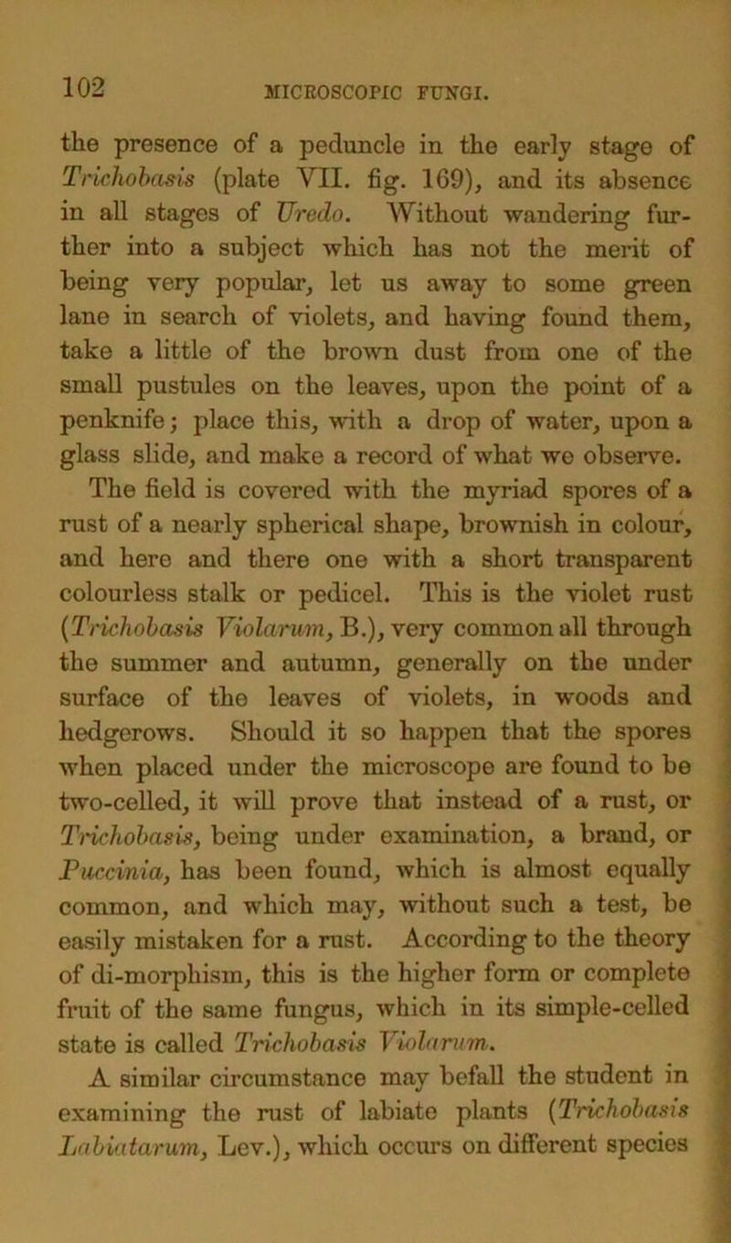 the presence of a peduncle in the early stage of Trichobasis (plate VII. fig. 169), and its absence in all stages of TJredo. Without wandering fur- ther into a subject which has not the merit of being very popular, let us away to some green lane in search of violets, and having found them, take a little of the brown dust from one of the small pustules on the leaves, upon the point of a penknife; place this, with a drop of water, upon a glass slide, and make a record of what wo observe. The field is covered with the myriad spores of a rust of a nearly spherical shape, brownish in colour, and here and there one with a short transparent colourless stalk or pedicel. This is the violet rust (Trichobasis Violanmi, B.), very common all through the summer and autumn, generally on the under surface of the leaves of violets, in -woods and hedgerows. Should it so happen that the spores when placed under the microscope are found to be two-celled, it will prove that instead of a rust, or Trichobasis, being under examination, a brand, or Puccinia, has been found, which is almost equally common, and which may, without such a test, be easily mistaken for a rust. According to the theory of di-morphism, this is the higher form or complete fruit of the same fungus, which in its simple-celled state is called Trichobasis Viola rum. A similar circumstance may befall the student in examining the rust of labiate plants (Trichobasis Labiatarum, Lev.), which occurs on different species